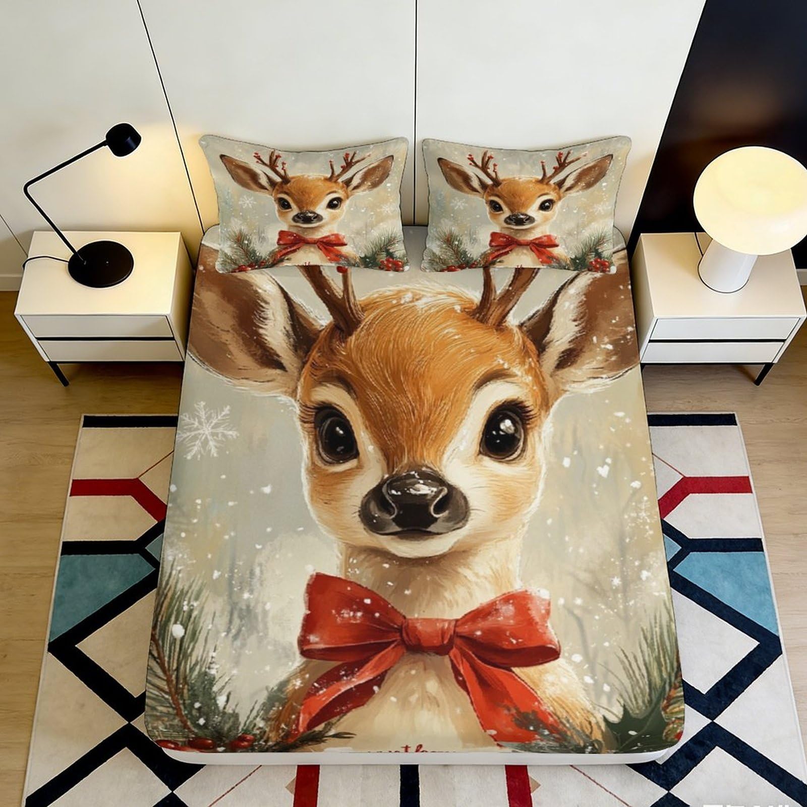 3D Printed Christmas Reindeer Fitted Sheet Microfiber Soft Breathable Holiday Bed Cover with Mattress Protection for Bedroom Dormitory Guest Room 140x200x25cm