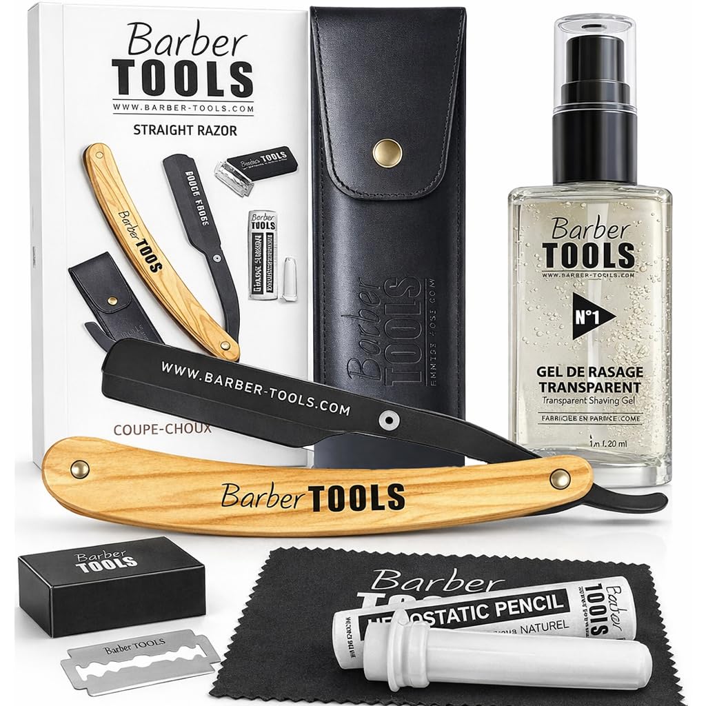 Kit de Rasage Homme Complet – Rasoir de Barbier Coupe-Choux à Lame Interchangeable avec Lames, Gel de Rasage Transparent, Stick d’Alun, Chiffon & Étui de Rangement BARBER TOOLS