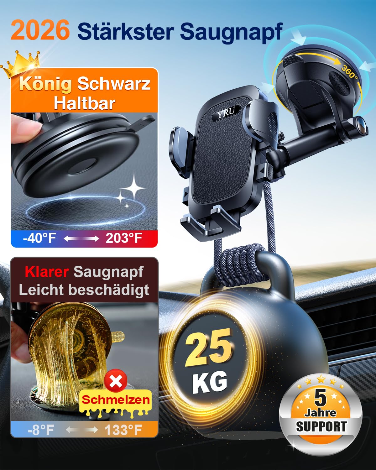 【2026 Militär-Klasse】Handyhalterung Auto Upgrade【Stärkst Saugnapf & Lüftungsclip】Handy Halterung Auto 360°Handyhalter Auto auf Armaturenbrett Scheibe für iPhone 17 16 15 14 13 Pro Max usw,Mattschwarz