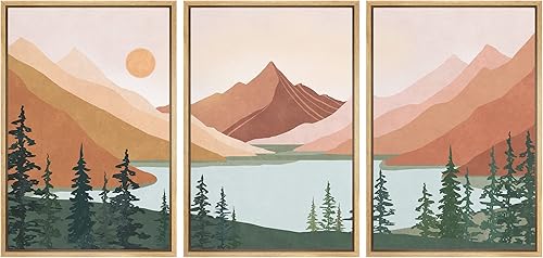 wall26 Lienzo enmarcado para pared, juego de arte geométrico de montaña, bosque, lago, ilustraciones abstractas, naturaleza, arte moderno, nórdico,
