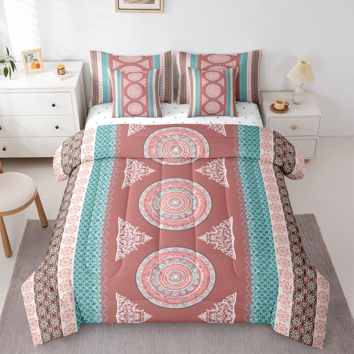 Boho Decor Bohemian Comforter Set 7-Piece Bed in a Bag Twin | Paisley Flower Mandala Bedding Sets Moroccan Medallion Aztec Comforter and Sheet Set,Ethnic Tribal Exotic Striped European Red Brown Green