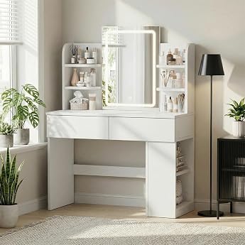 Devoko Dressing Table with LED Lighting Mirror 3 Colours Adjustable Brightness Dressing Table with 2 Drawers 4 Shelves Modern 90 x 40 cm for Bedroom White [Energy Class D]