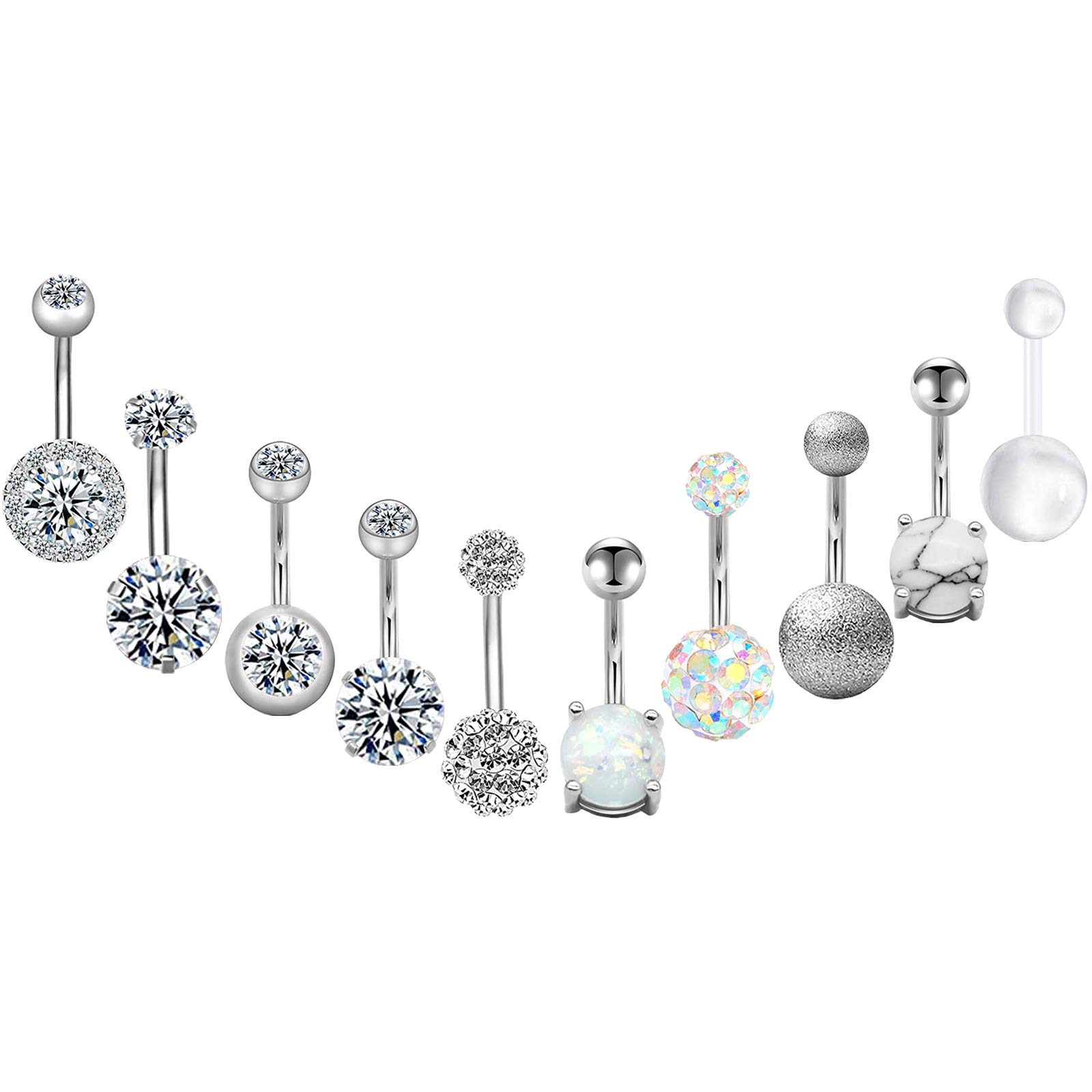 NEWITIN 10 Pieces 14G Belly Button Rings for Women Navel Ring Body Piercing Jewelry Set 316L Surgical Steel Inlaid Cubic Zirconia Belly Dangle Rings for Women