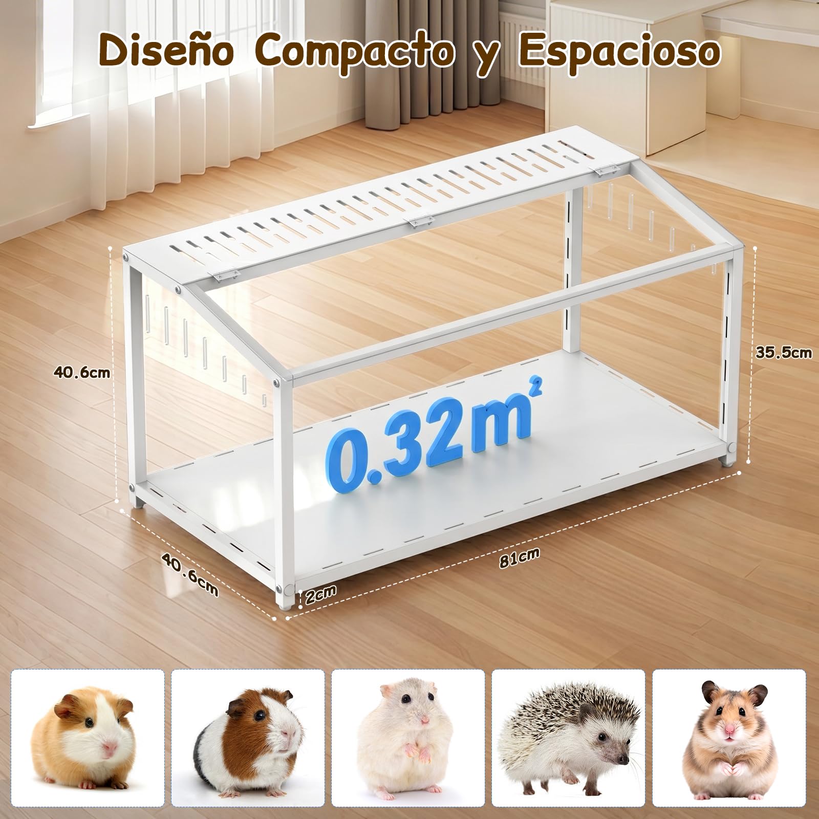 BORISI Jaula Hamster Metal 81x40,6x40,6 cm, Anti mordeduras, Blanco | paneles PC duraderos, marco anti mordidas, tapa superior, buena ventilación, fácil de limpiar, para hámster enano