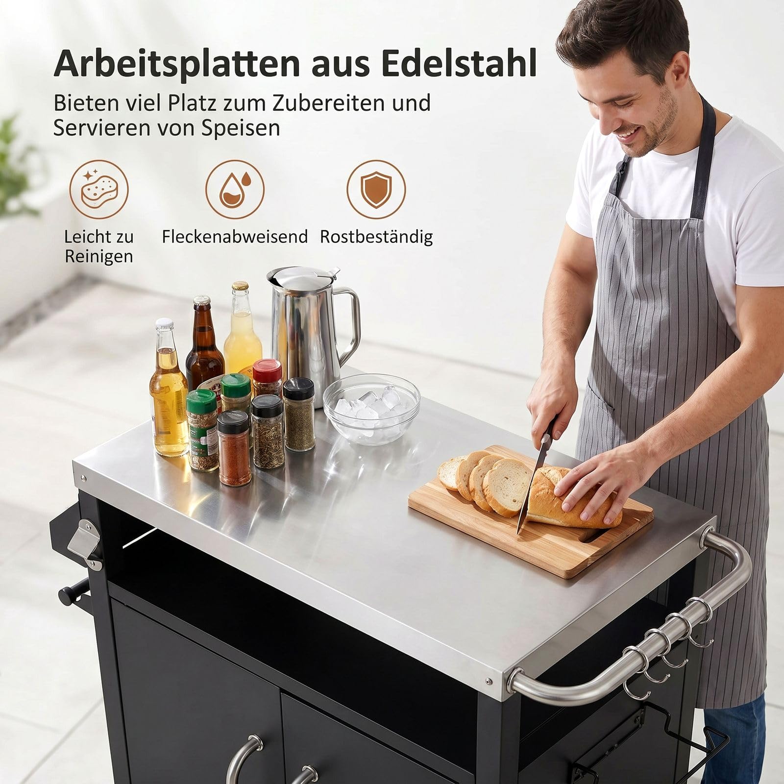 TLSUNNY Grilltisch Outdoor mit Edelstahl Tischplatte | Grillwagen mit Unterschrank, Servierwagen mit 2 Rollen, für Garten, Terrasse, Balkon, Partys, BBQ Beistelltisch