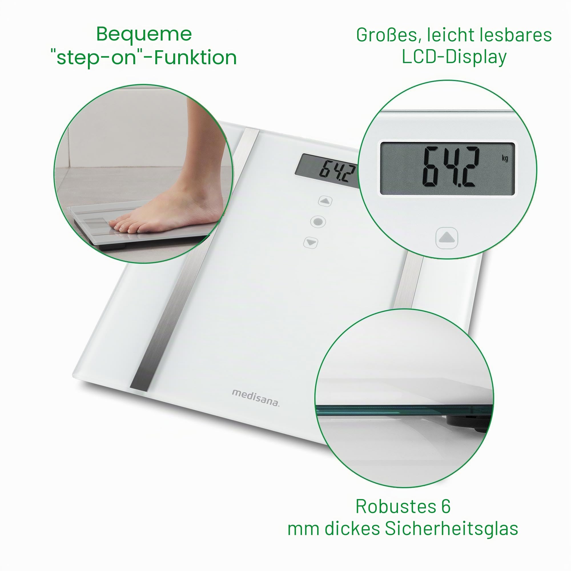 medisana BS 483 digitale Körperanalysewaage, Personenwaage, Körperfettwaage, Messung von Körperfett, Körperwasser, Muskelmasse & Knochengewicht, Bis 180 kg, Weiß / Silber Drogerie & Körperpflege
