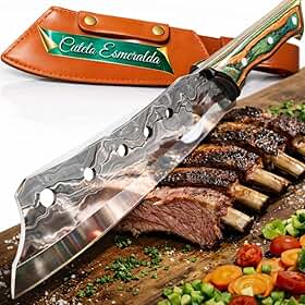 Cutelo Esmeralda Faca de Cozinha Profissional 33,5 cm em Aço de Alto Carbono, Cabo de Madeira Antiderrapante, Corte Preciso e Potente para Carnes, Legumes e Alimentos Gourmet Profissional Chef