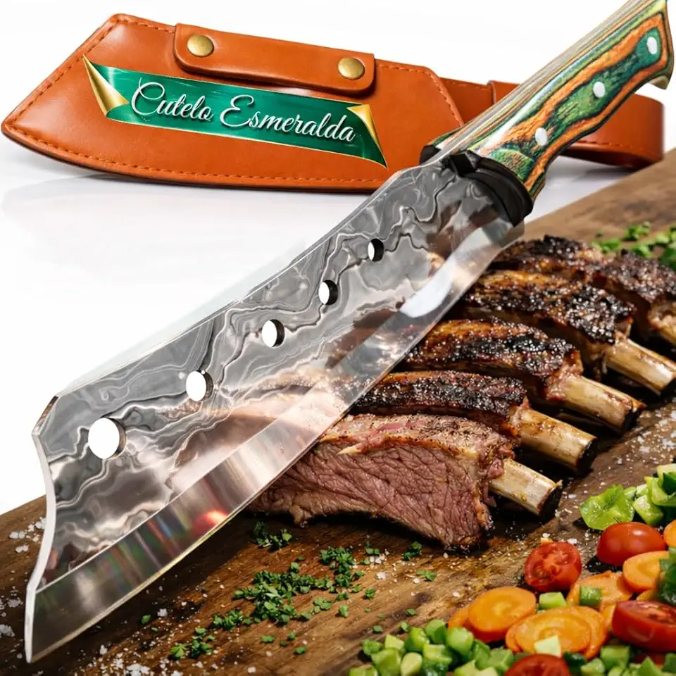 Cutelo Esmeralda Faca de Cozinha Profissional 33,5 cm em Aço de Alto Carbono, Cabo de Madeira Antiderrapante, Corte Preciso e Potente para Carnes, Legumes e Alimentos Gourmet Profissional Chef