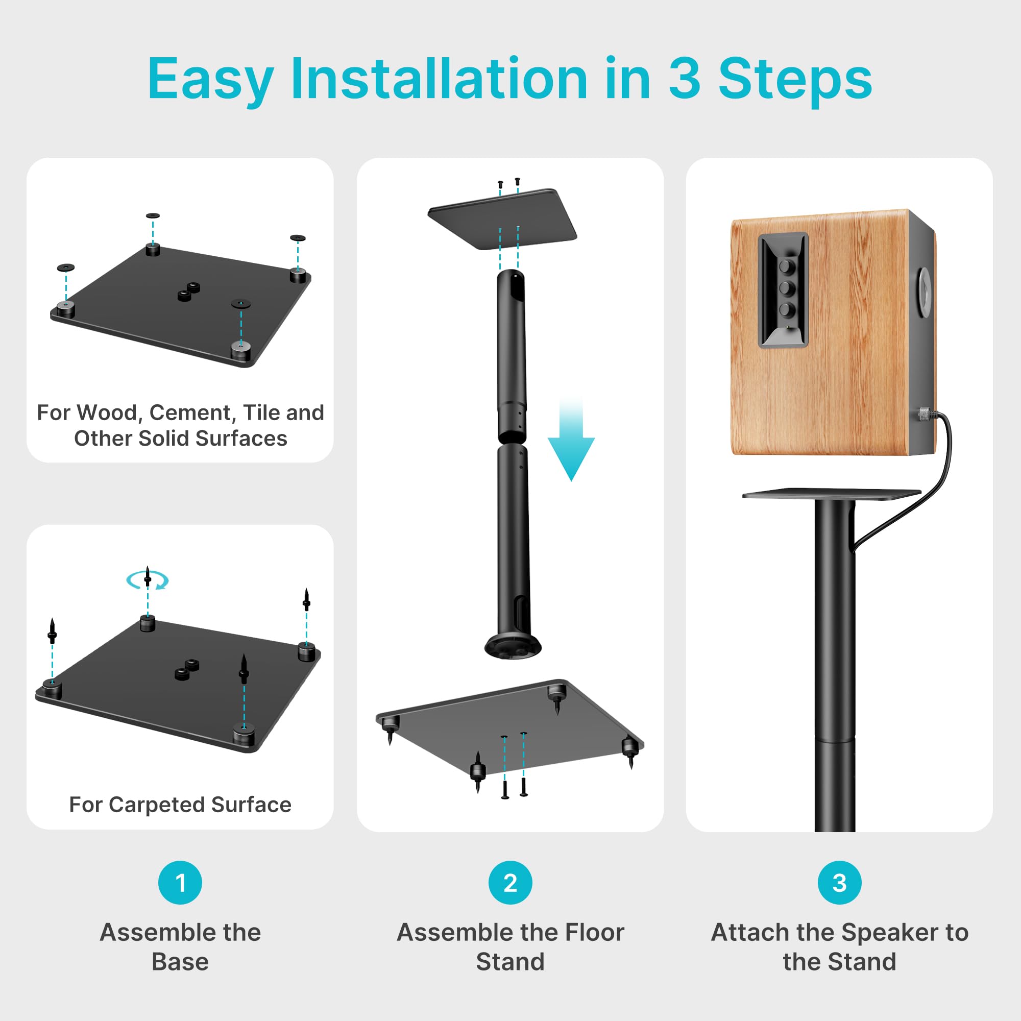 Pegzone Soporte universal para altavoces de sonido envolvente, capacidad de carga de 25 kg, soporte para altavoces de estantería de 76,5 cm de alto, gestión de cables, base grande con base de cristal