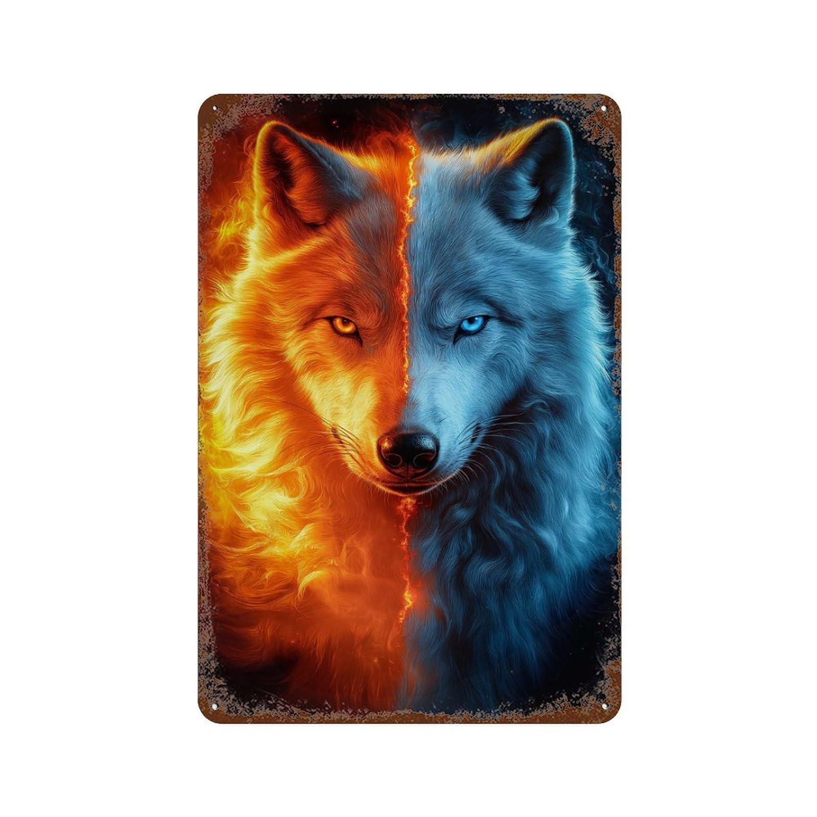 Fire And Ice Wolf Rust Effect Tin Sign 11.8"x7.9", Rustic Home Decor for Cafe, Home Bar And Lounge Decor