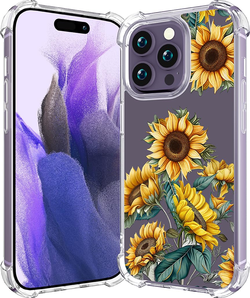 CCFUNCASE Compatible with iPhone 14 Pro Max Case Clear Cute for Women - Rugged Phone Cases Funda Protector Cover Skin (Yellow Sunflowers)