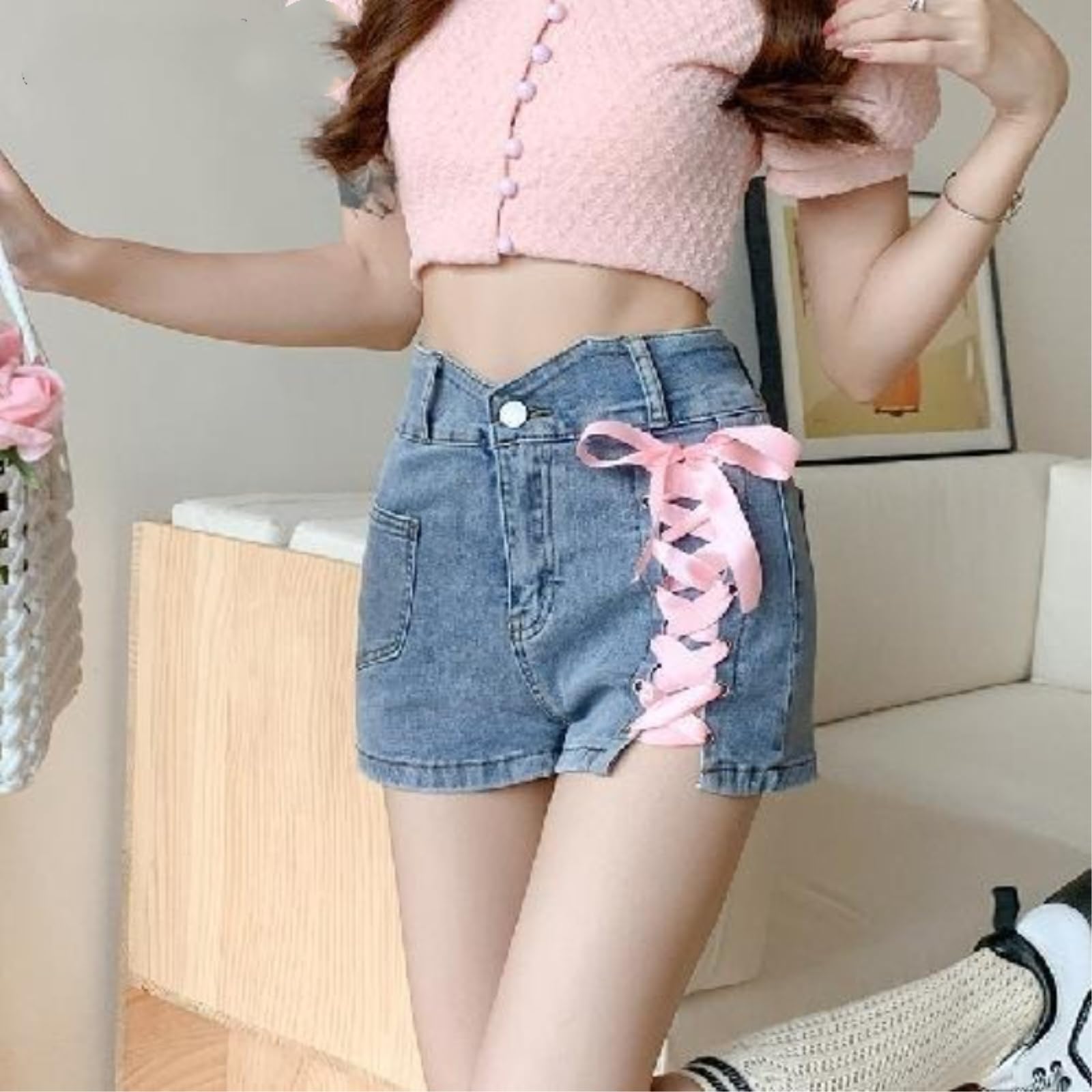 Shorts Jeans Donna Rosa Croce Denim Cravatta Pantaloni Decorativi Femminile Estate Alta Vita Sottile A-Line Abbigliamento Donna-Blue-s