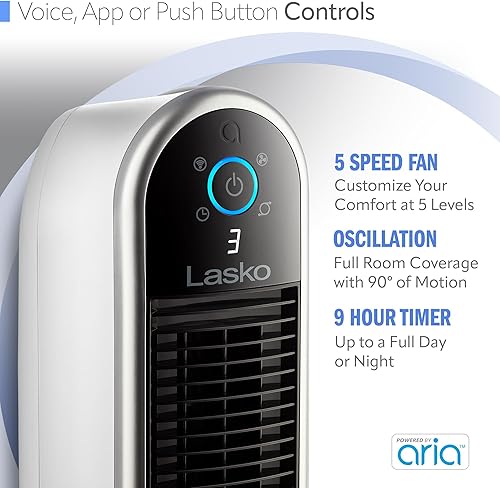 Miniatura 4 de Lasko Ventilador de torre oscilante inteligente alimentado por Aria, conectado por Wi-Fi, controlado por voz, compatible con Alexa y Google