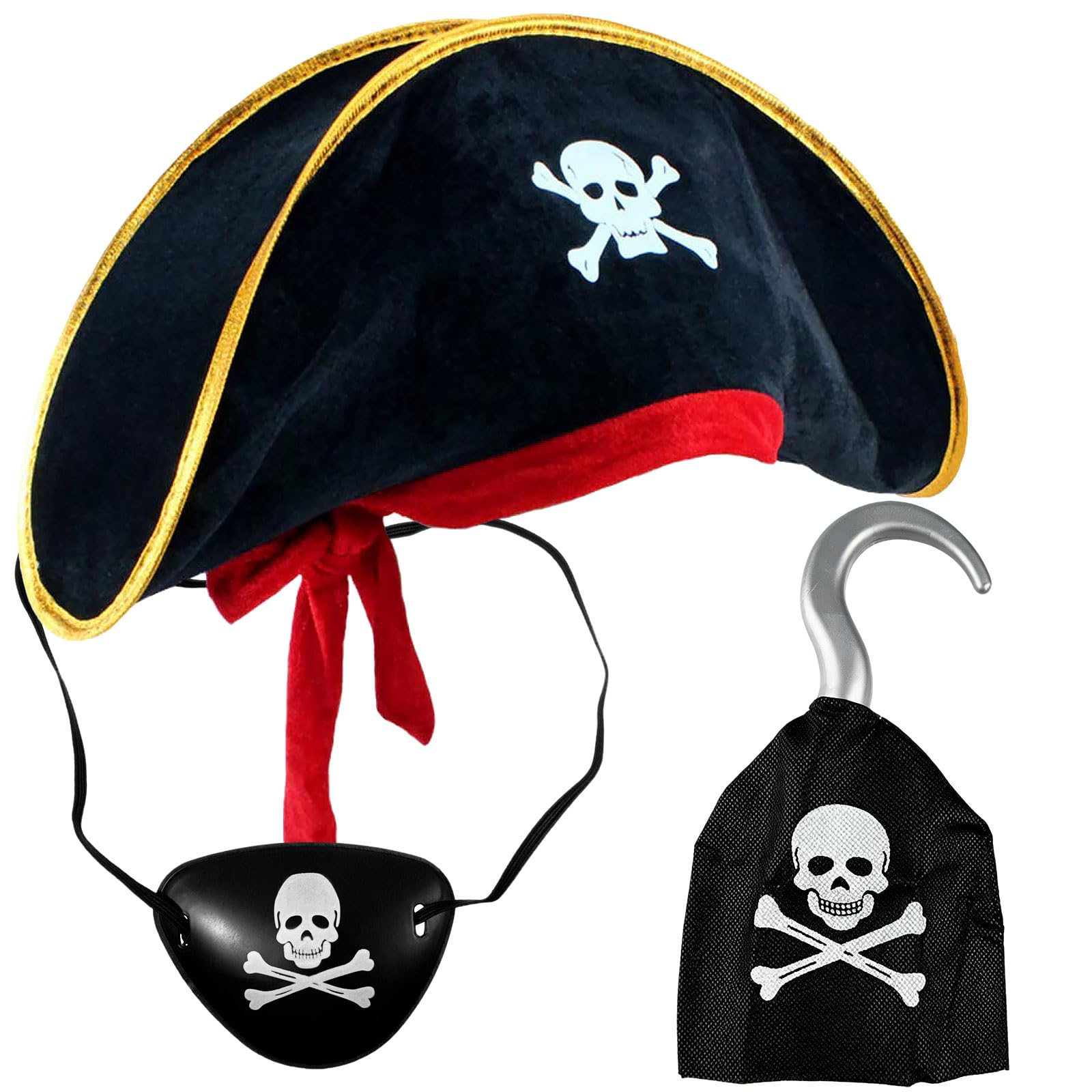 Yiwuran 3PCS Pirate Accessories, Pirate Costume with Hat, Eye Patch, Hook, Costume Set, Dress Up for Cosplay, Halloween Caribbean Party Captain Dress Up, Pirate Adventure Play