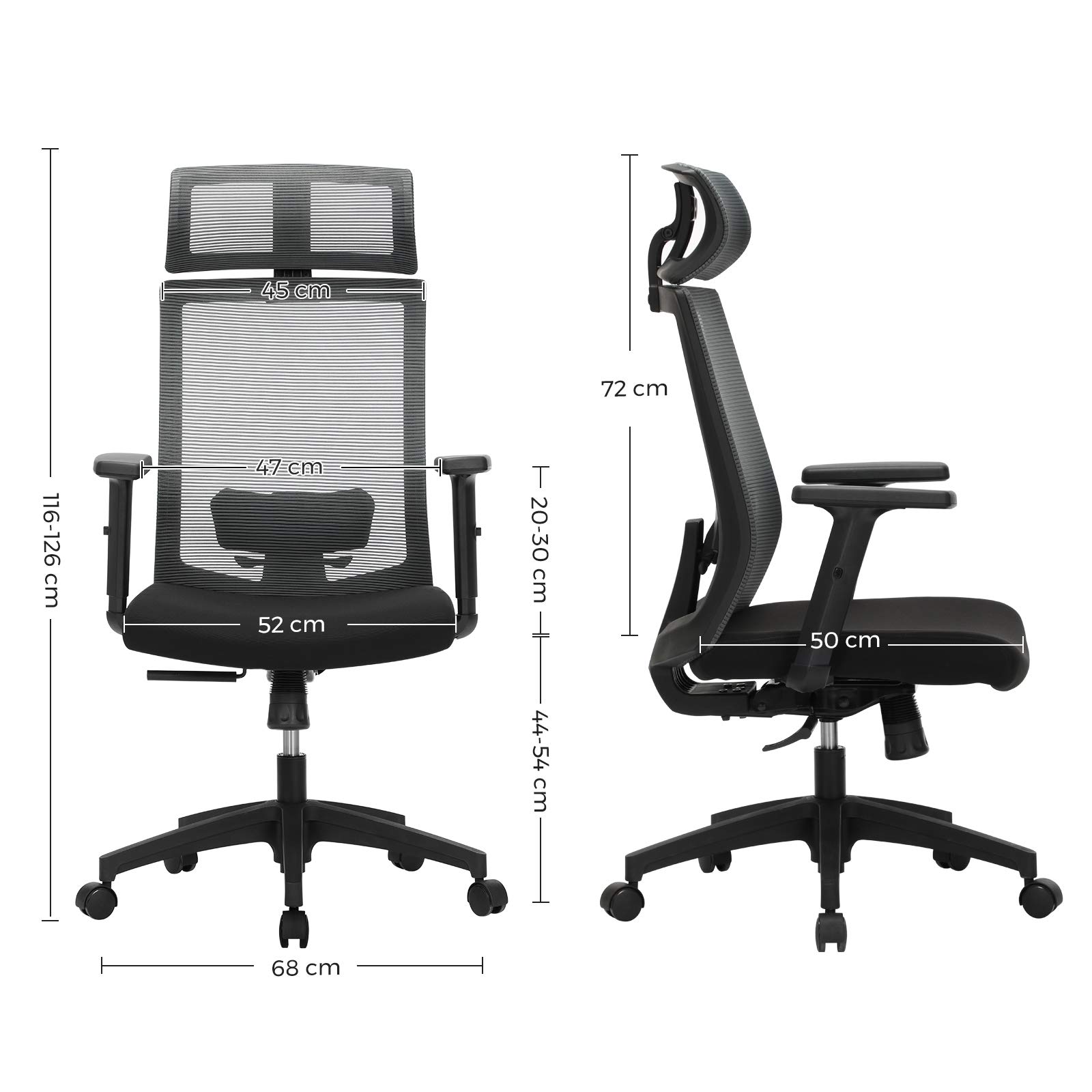 SONGMICS Silla de Oficina de Malla, Silla de Escritorio, Giratorio de 360°, Soporte Lumbar Ajustable, Apoyacabezas y Apoyabrazos, Inclinación del Respaldo hasta 120°, Gris OBN55BG