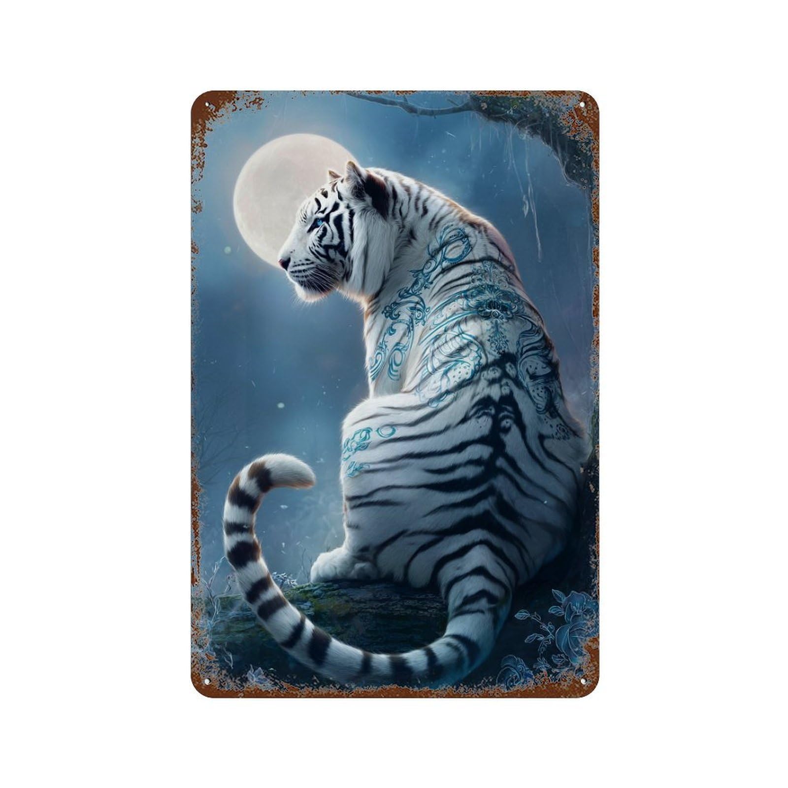 Enchanted White Tiger Moonlit Forest 11.8"x7.9" Distressed Metal Wall Sign, Retro Wall Decor for Garage, Bar And Workshop Decor