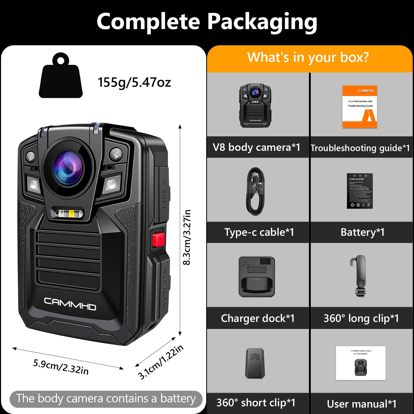 CAMMHD V8 Pro 2160P Body Cam 42MP wasserdicht Loop-Aufnahme 2 * 2200mAh Batterien mit 10 Stunden Bodycam körperkamera Polizei mit tragbarer Audio- und Videoaufzeichnung für die Tagungen/Wandern(256G)