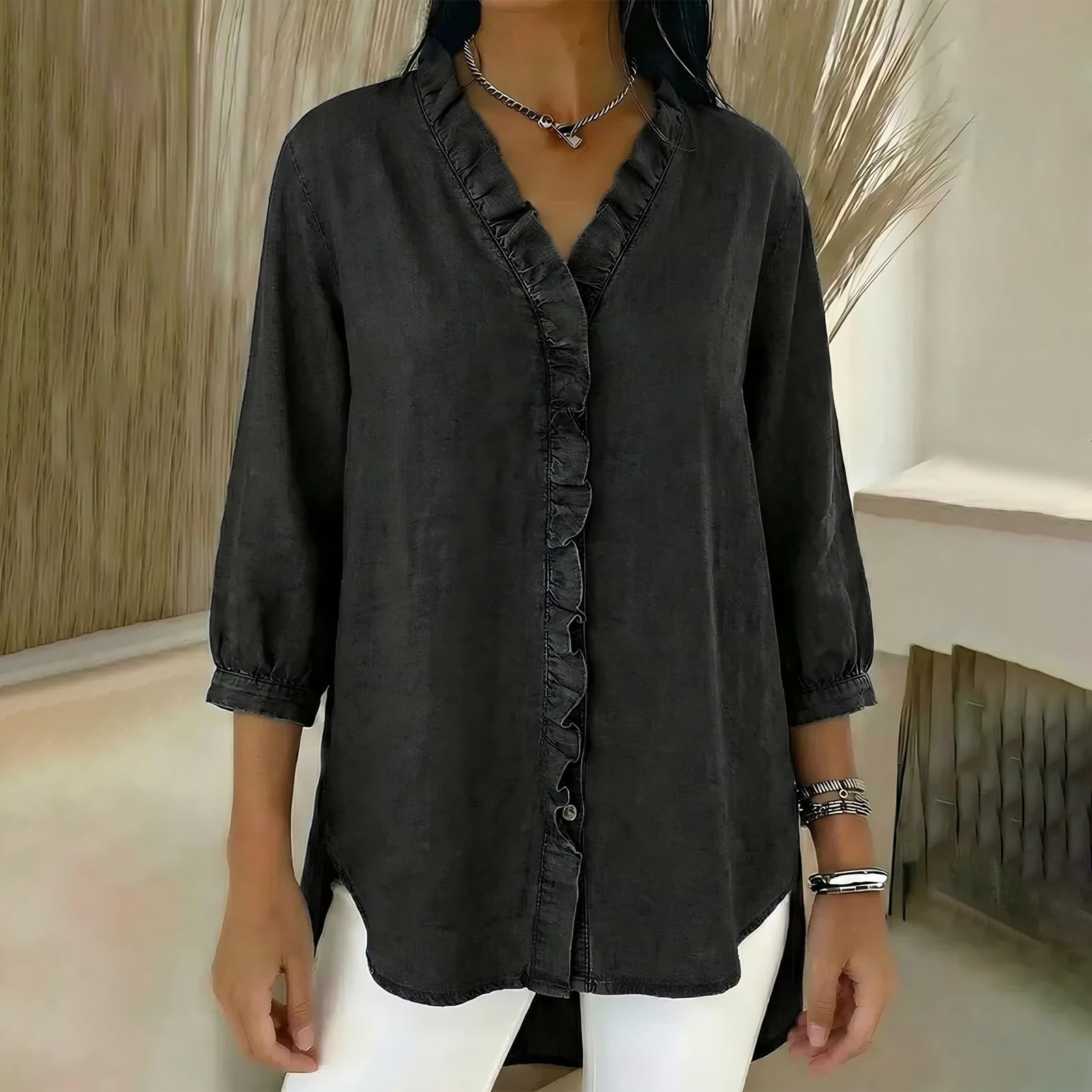Chemise élégante pour femme avec volants – Chemise en jean pour femme à manches longues grandes tailles T-shirt col avec boutons style denim chemisier volants à la mode tunique décontractée