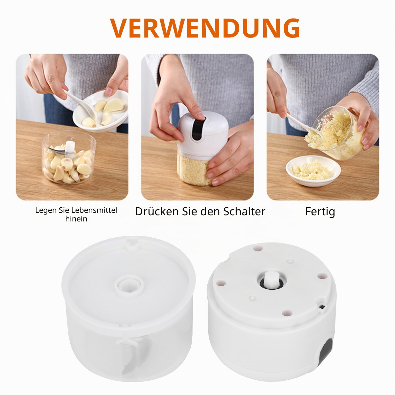 Zwiebel Zerkleinerer Elektrisch, 250ml Mini Zwiebelschneider Elektrisch Knoblauchschneider mit 3 Edelstahl Klingen, USB Wiederaufladbarer Multizerkleinerer für Chili Gemüse Nüsse Obst Fleisch