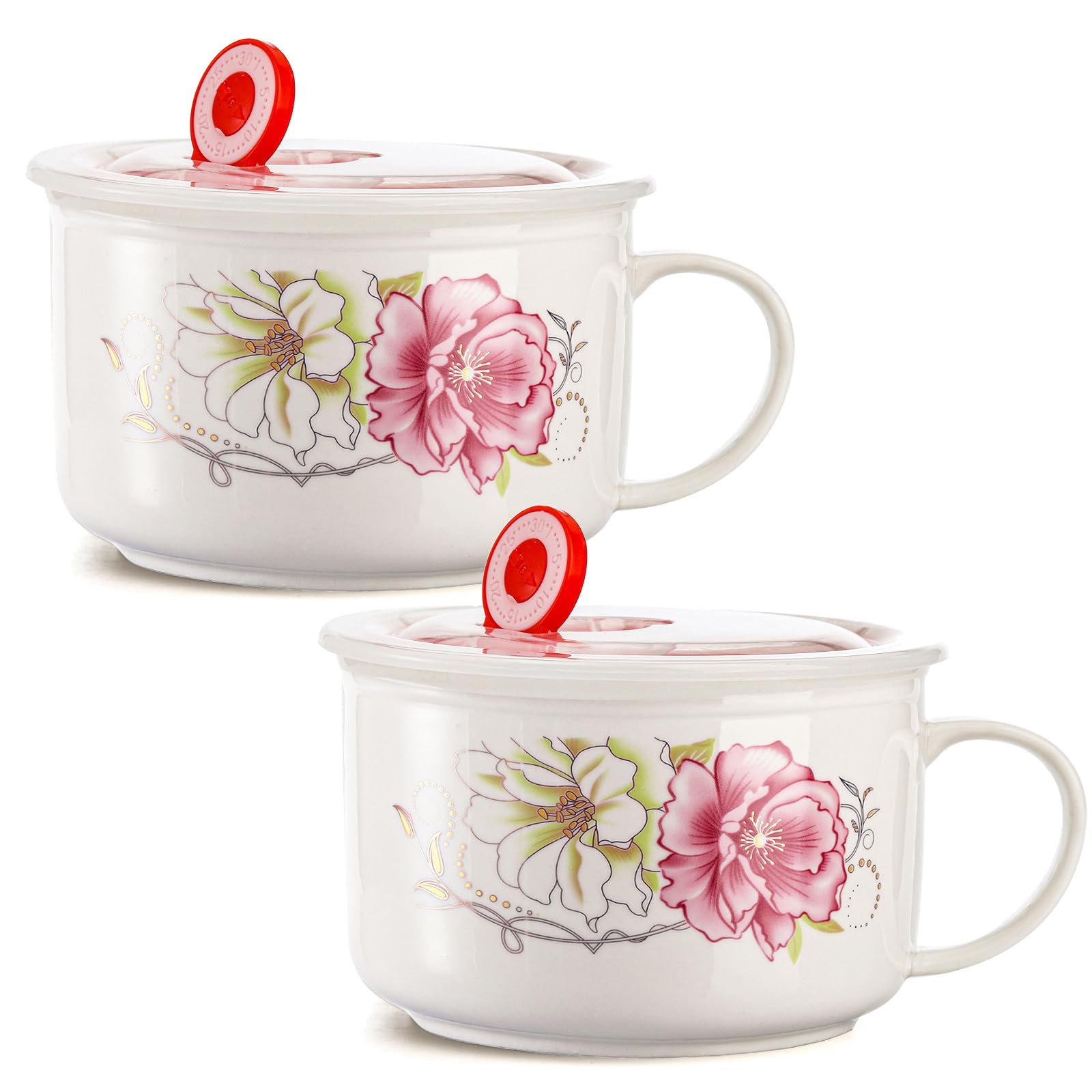 Frcctre 2 Pack Ceramic Soup Bowls with Handle & Vented Lid, 27 Oz Large Rose Soup Mugs Noodle Bowl with Lid for Instant Noodle, Ramen, Soups, Cereals, Oat, Fruits, Snacks