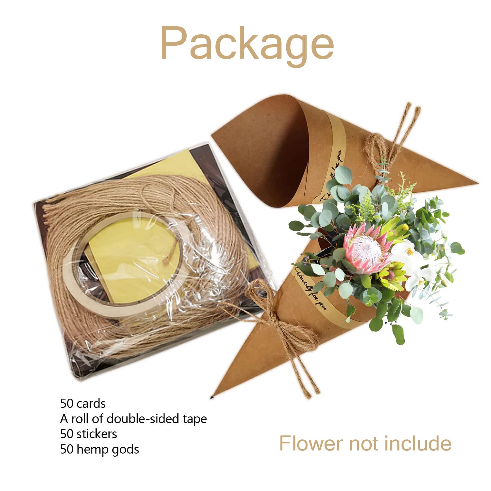 50 Pièces Cônes de Confettis de Mariage, Cône en Papier Kraft, avec Autocollants et Ficelle de Jute, Cônes pour Confettis de Fleurs Séchées, Pétales de Fleurs, Chocolats, Bonbons, Cotillons