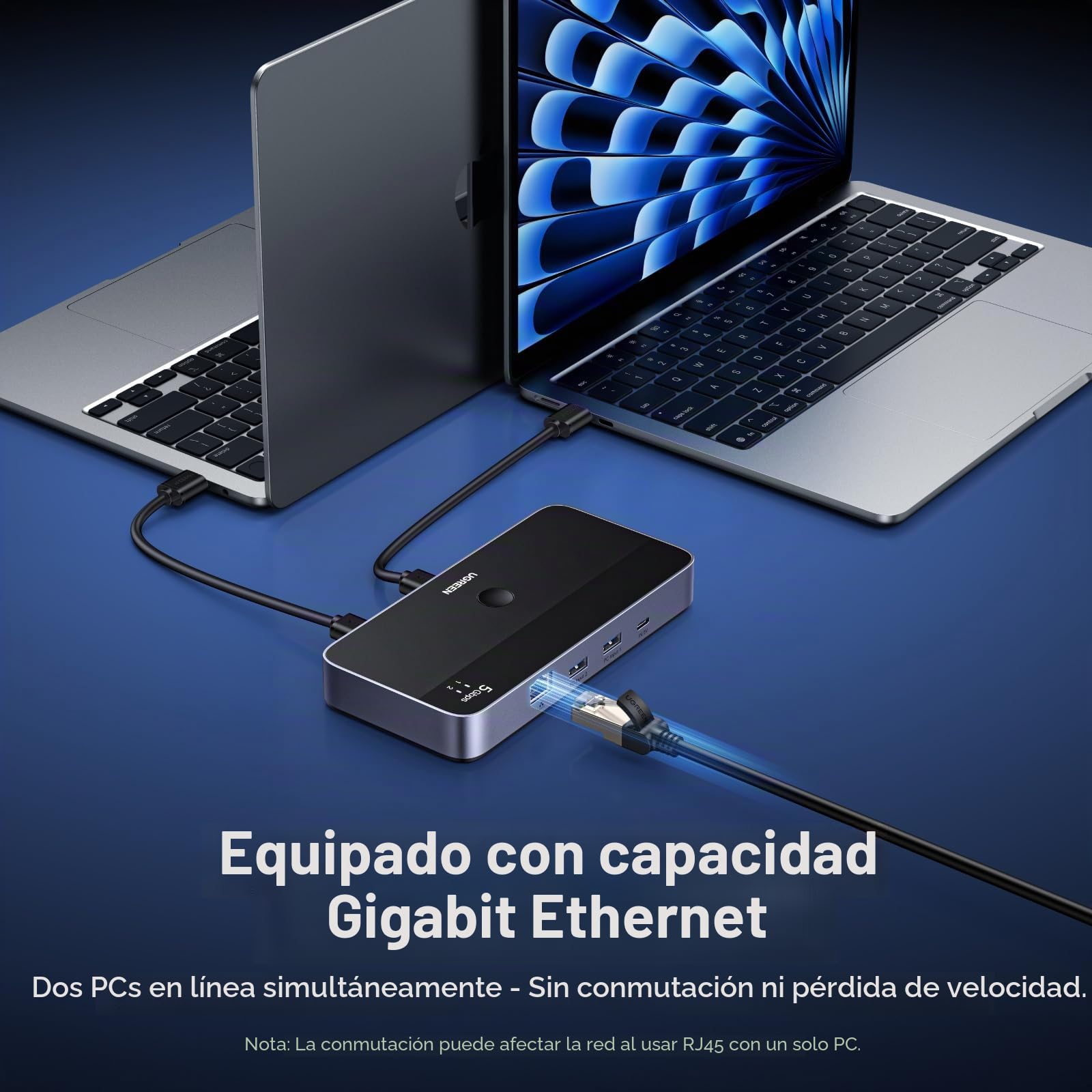 UGREEN Switch USB 3.0 Conmutador USB 2 Entradas y 4 Salidas | con Puerto Gigabit Ethernet RJ45, Mando a Distancia, para Ratón, Teclado, Compatible con Windows macOS Linux