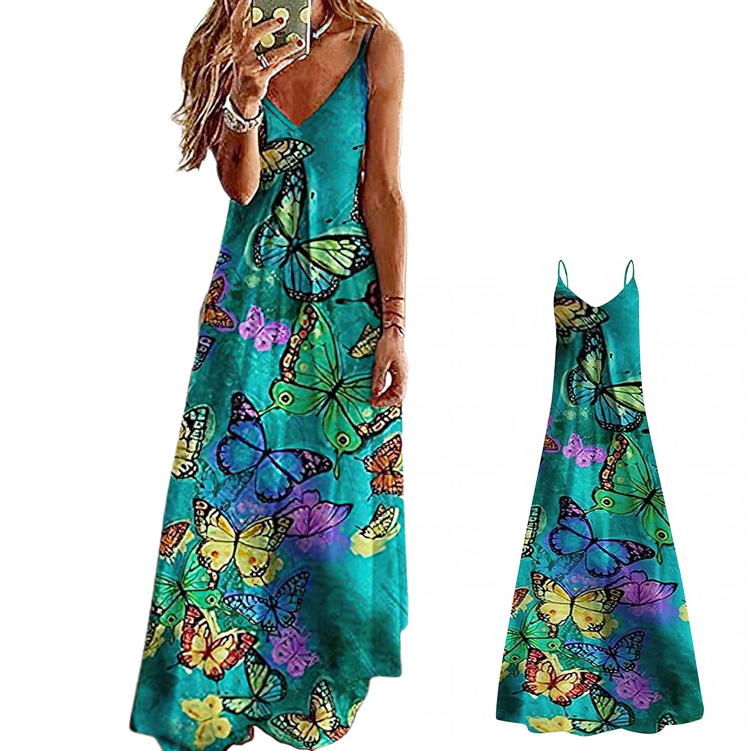 Tirantes de Pasta para Mujeres Flores Vestidos Largos de Verano Vestidos de Vacaciones Sexy de Cuello V Vestidos de Moda de Playa Tirantes Vestidos de Sol, WFFUO, d, m