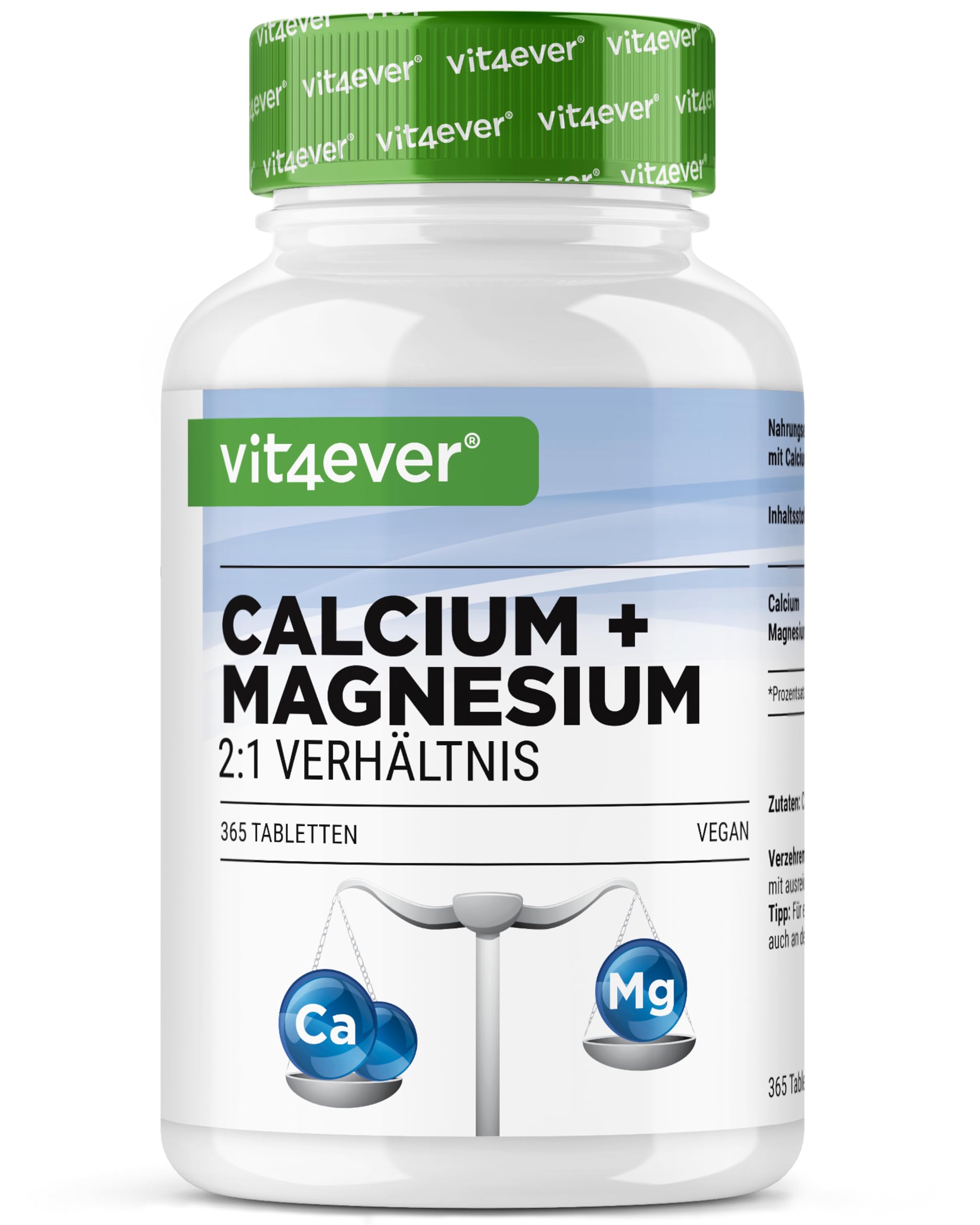 Calcium 800 mg + Magnesium 400 mg (2 Tabletten) - 365 Tabletten - 6 Monatsvorrat - Kalzium + Magnesium-Komplex im 2:1 Verhältnis - Vegan - Hochdosiert