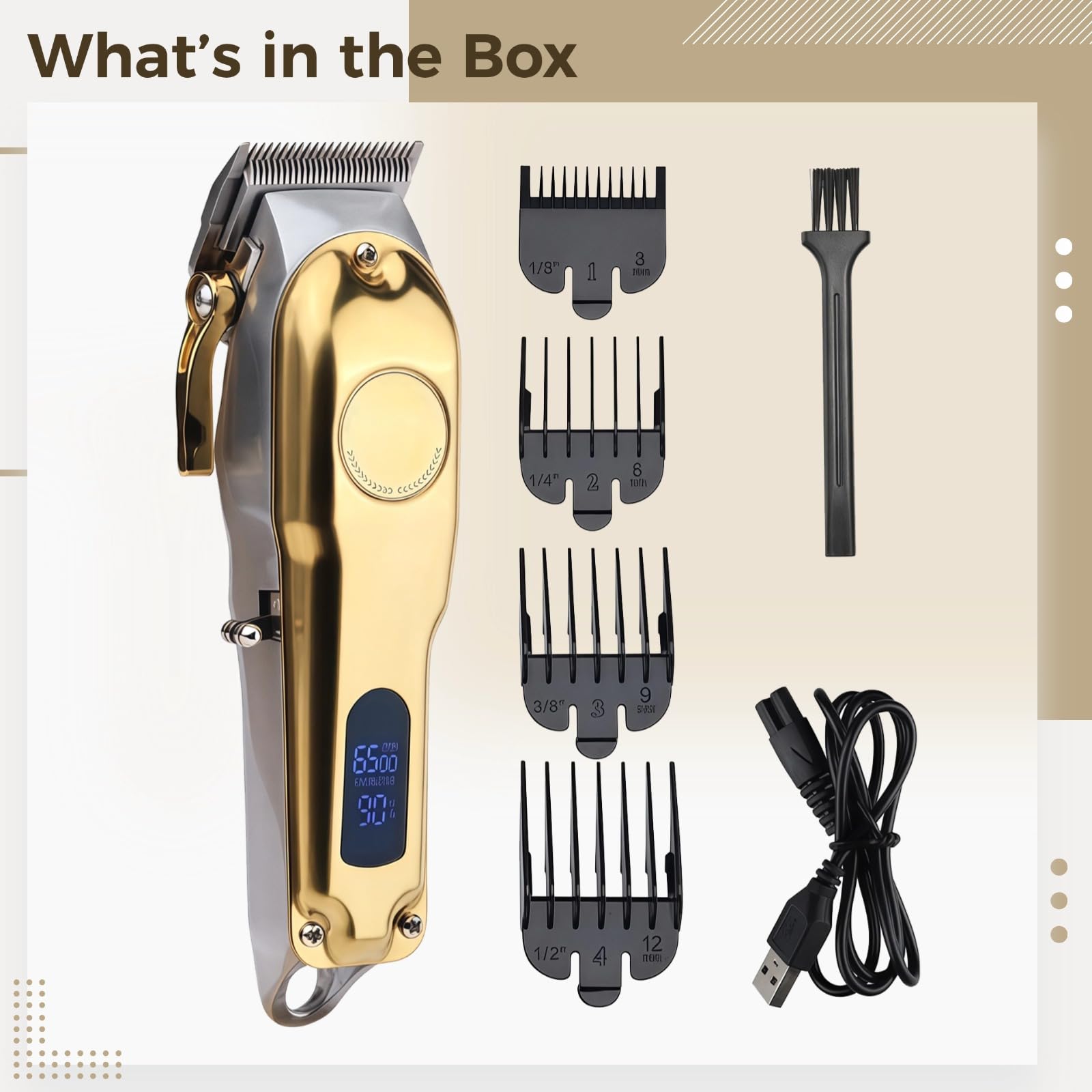 Cortapelos eléctrico para hombre, maquinilla de afeitar profesional de cabeza calva con hoja de acero de precisión, cuerpo de acero inoxidable dorado y plateado, recortadora recargable por USB