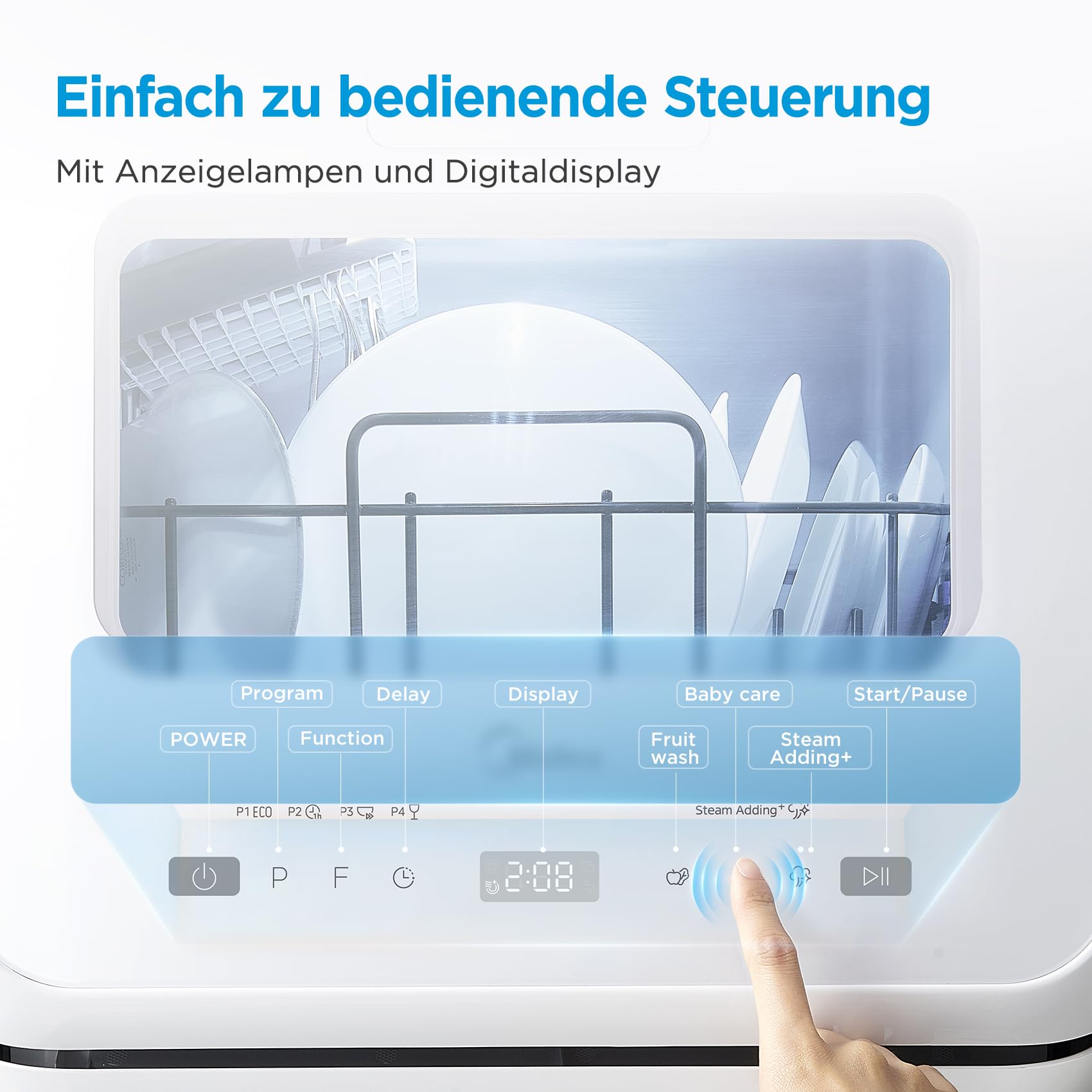 Midea Mini Geschirrspüler mit Wassertank, Freistehend Tischgeschirrspüler 6+3 Programme Touch Control Startverzögerung