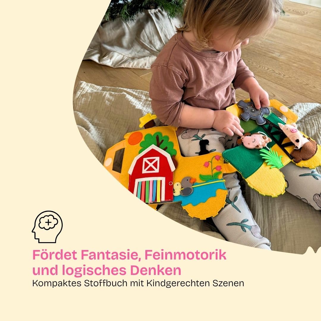 Jolly Designs Travel Buddy Trattore, libro di gioco Montessori e Quiet Book a partire da 1 anno, giocattolo sensoriale & Busy Board per passeggino, auto e viaggi, libro in tessuto per bambini piccoli