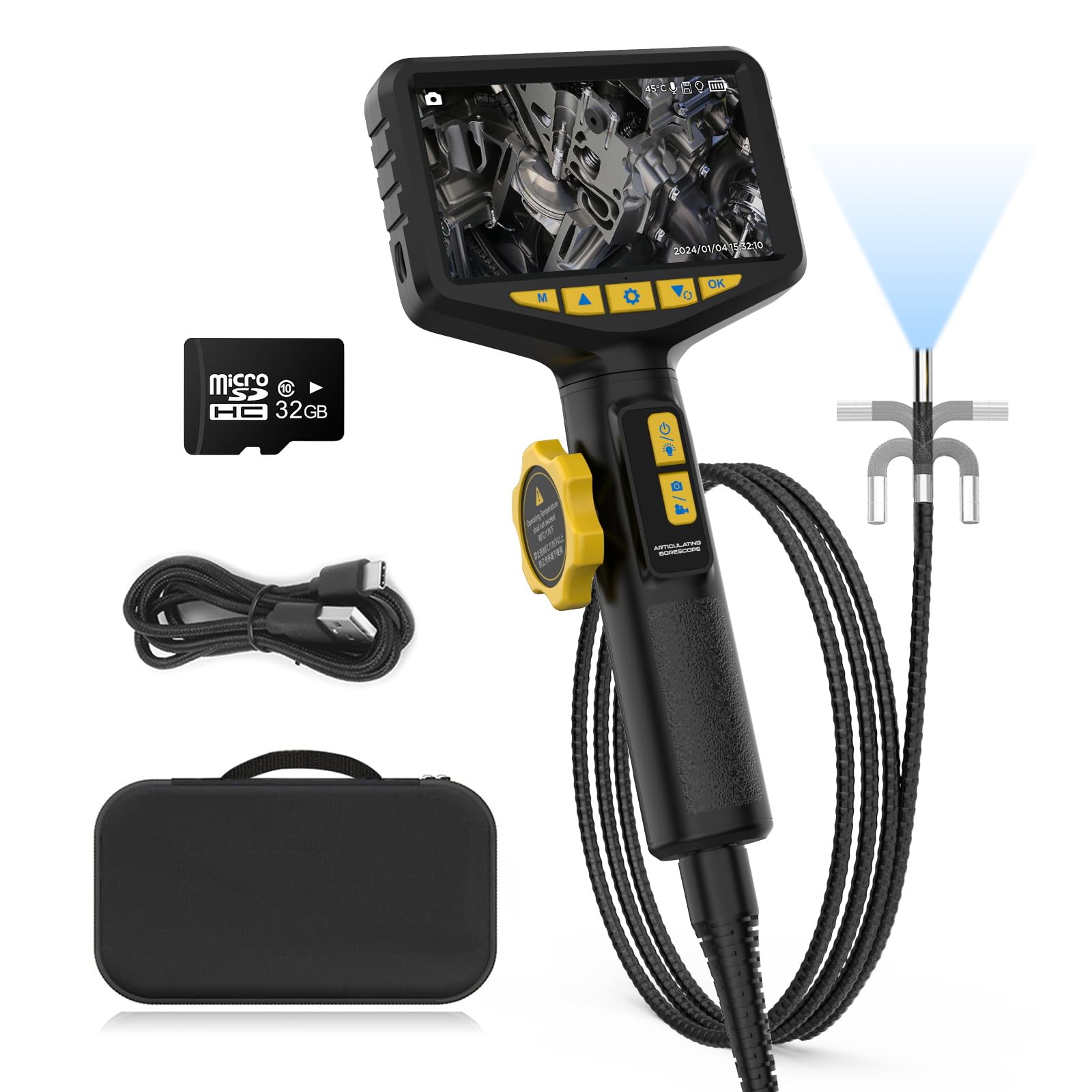 210°Two-Way Articulating Borescope, Inspection Cameras Industrial Endoscope with Lights, 4.3”IPS HD Screen Video Inspection Scope for Automotive Aircraft Mechanics