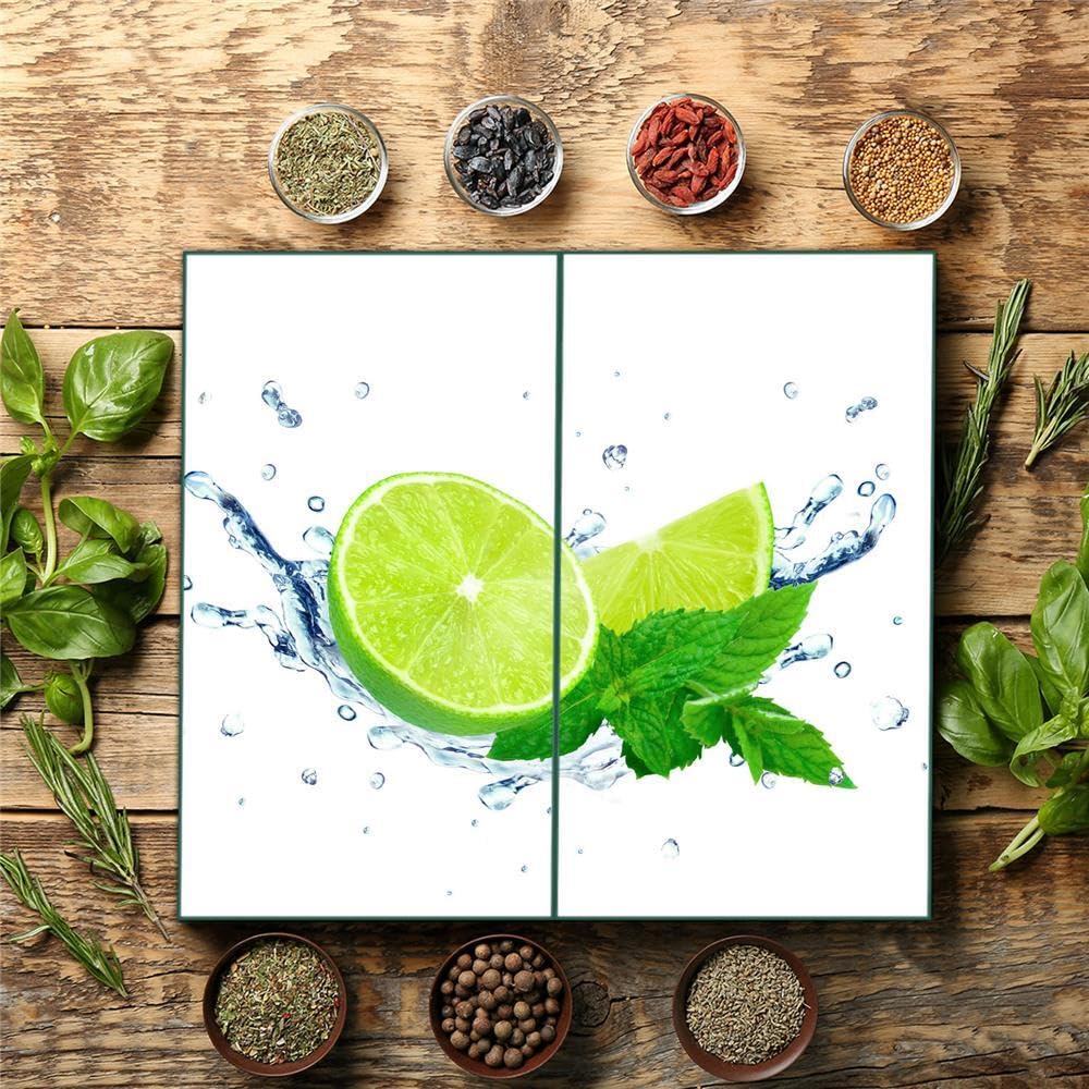 Herdabdeckplatte Abdeckung Ceranfeld Abdeckplatte Schneidebrett 2-Teilig 60x52 Lemon Grün Spritzschutz Glasplatte Ceranfeldabdeckung Schutz Herdschutz Sicherheitsglas Glasschneidebrett 2x30x52