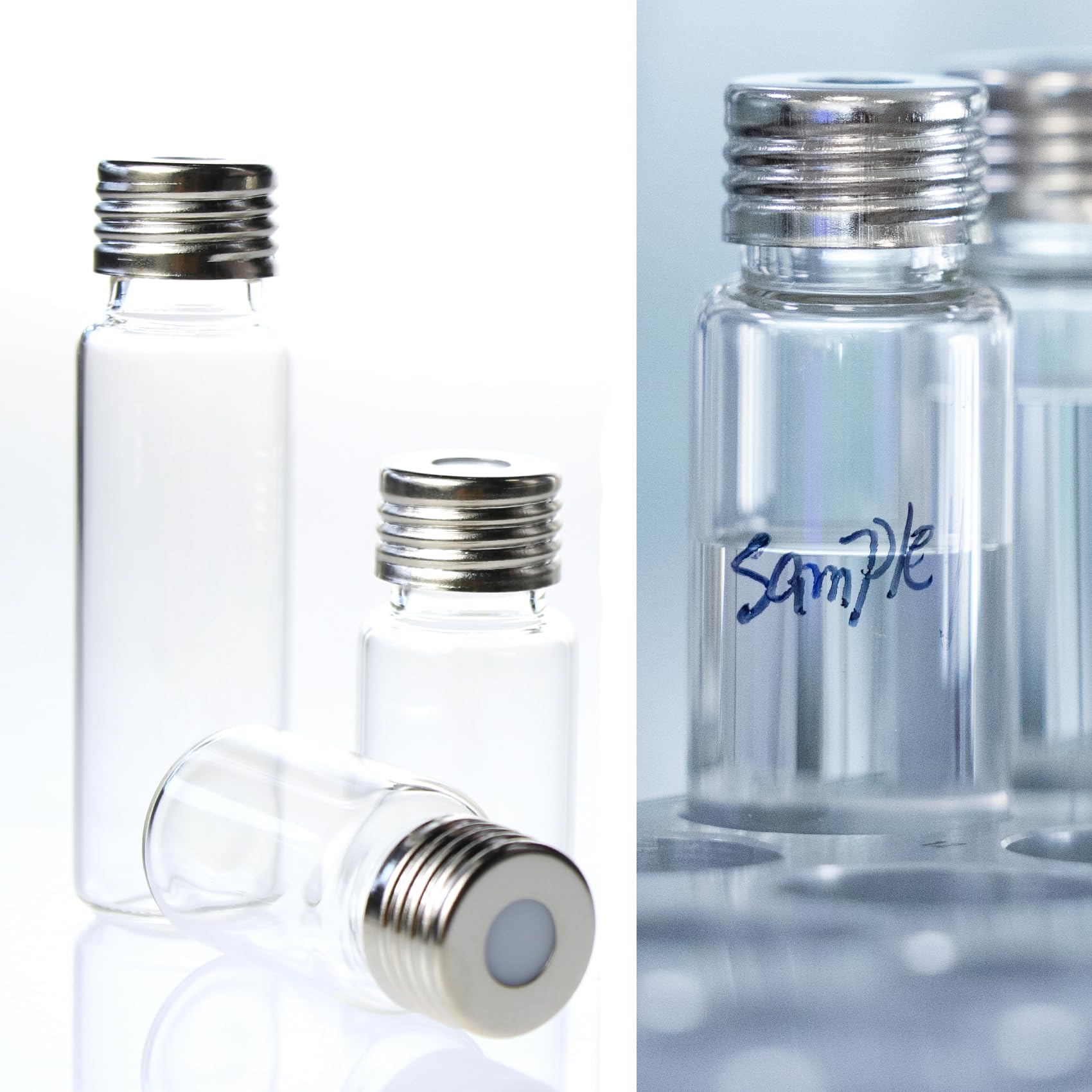 ALWSCI 100 Frascos de Vidrio 20 mL, Cristal Transparente de Borosilicato, Fondo Redondeado, Cierre Magnético de Precisión de 18 mm, con Revestimiento de Silicona azul PTFE/Blanco