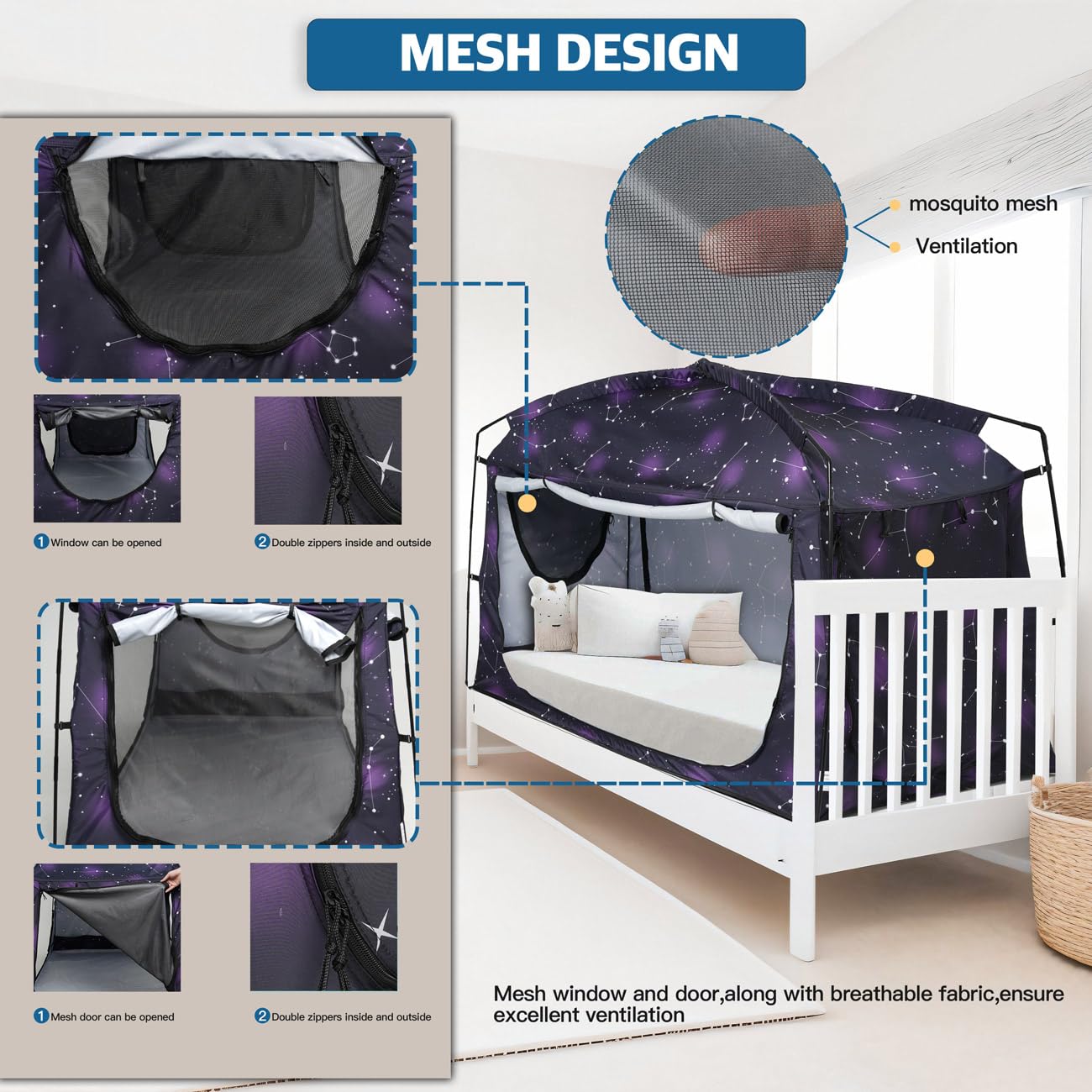 Tente de lit, auvent de lit portable, occultant, 90 % rideaux pour enfants et adultes, tente intérieure avec grandes fenêtres en maille respirante