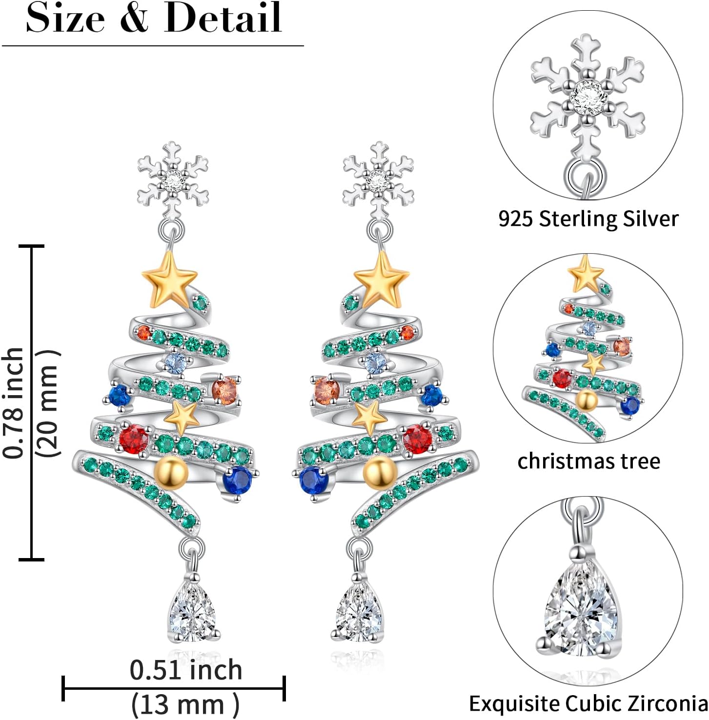 Yearace Christmas Tree Jewelry Set for Women Sterling Silver Green Christmas Tree Earrings and Necklace - Winter Holiday Xmas Earrings Necklace Cute Colorful Zirconia Christmas Jewelry Gifts - Image 4