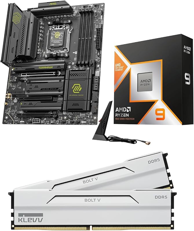 Combo de memoria de placa base de CPU Micro Center: Procesador de CPU AMD Ryzen 9 9950X3D + Placa base MSI MAG X870E Tomahawk WiFi ATX + Memoria Ram KLEVV Bolt V DDR5 32GB (2x16GB) 6000MHz CL30 Blanco
