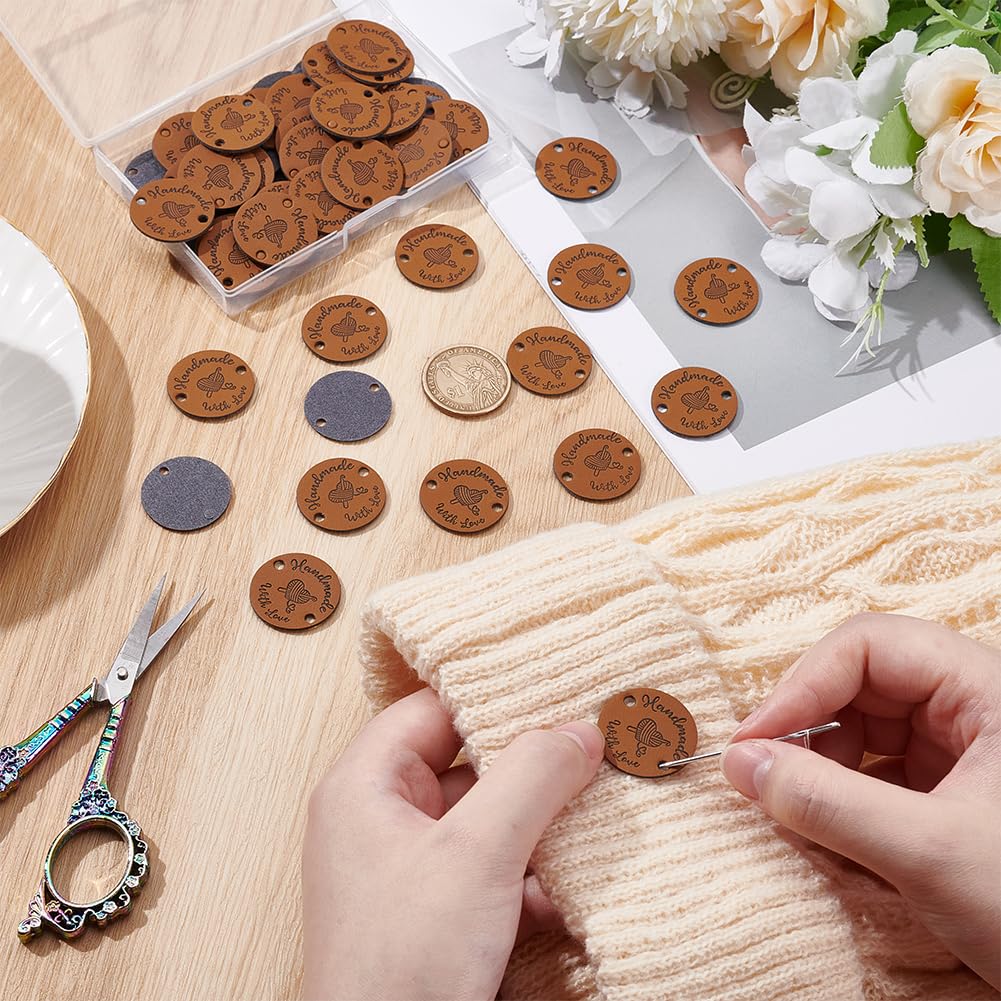 UNICRAFTALE About 60pcs Handmade Tags 25mm Round Imitation Leather Labels with Heart Crochet Tags for Handmade DIY Crafts Hats Clothing Knitting Sewing - Image 3