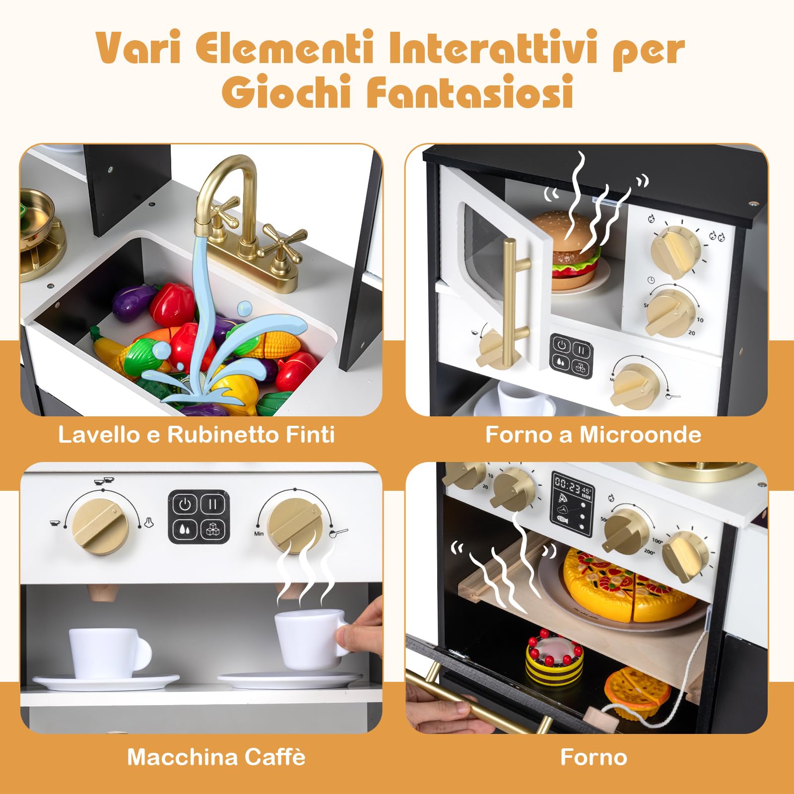 COSTWAY Cucina in Legno per Bambini, Cucina Giocattolo con Luci e Suoni Realistici, Fornelli, Lavello, Rubinetto, Forno, Macchina del Ghiaccio e Macchina del Caffè, per Bambini 3+ Anni (Nero)