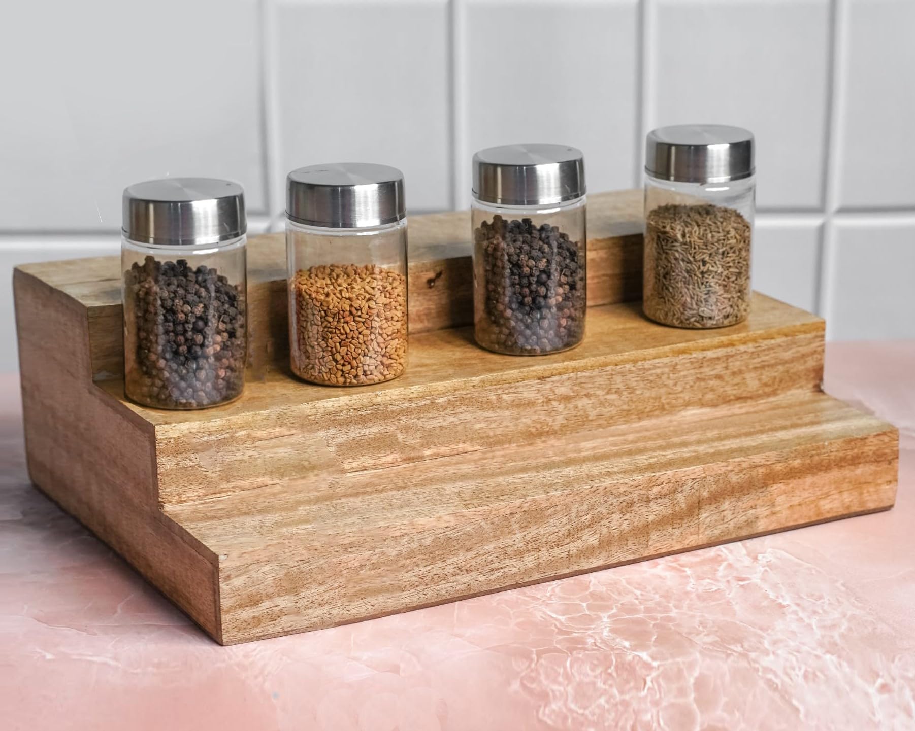 Wooden Kitchen Shelf Organizer, multipurpose 3 Step Spice Rack Counter Top organiser stand for Cabinet/Cupboard - Large