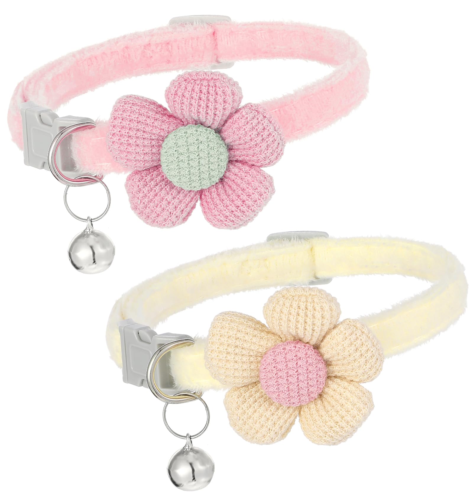 Kitten Collar, 2Pcs Cat Collar with Bell Pet Plush Flower Collars in Pink and Cream, Adjustable Safety Design for Small Dogs and Cats with Bell, Cute Puppy Accessories