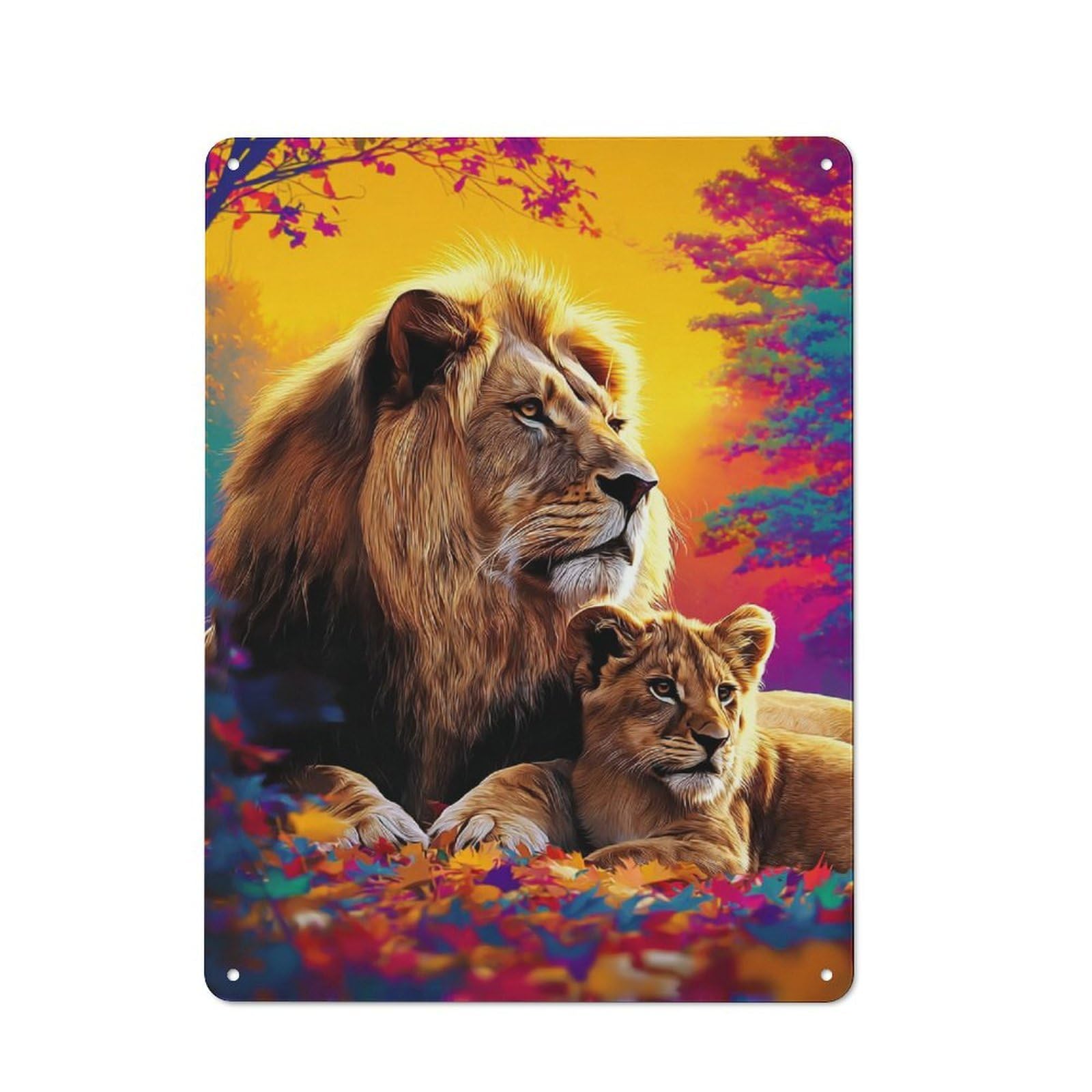 Vintage Autumnal Lion Family Portrait Metal Plaque 40x30cm, Diner Style Decor for Coffee Bar, Kitchen, Bistro Or Tea Corner