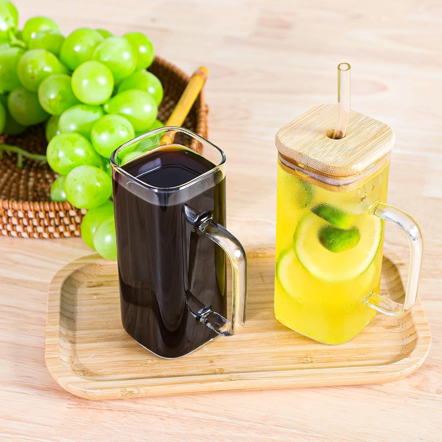 YKXIMS Glass Mason Jar with Bamboo Lid and Straw, 550ml Capacity, Clear Sipper for Cold Drinks, Smoothies, Cocktails, Coffee, Tea, Set of 1 (Wooden LID Square Handle) 4