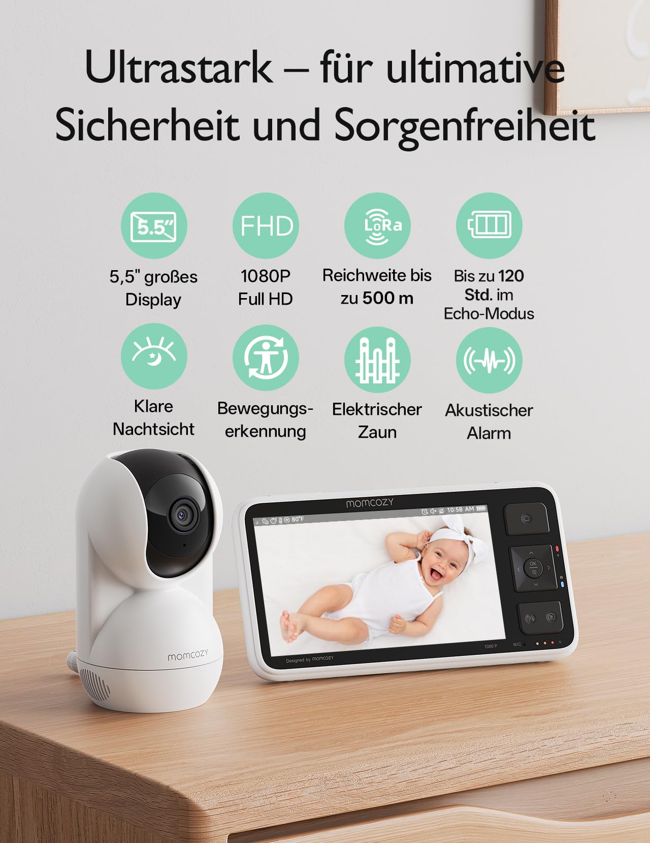 Momcozy BM03 Upgrade Babyphone mit Kamera ohne WLAN, 5,5-Zoll 1080P Baby Monitor, Sicherheitszonen-Alarm, Bewegungserkennung, Nachtsicht, VOX-Modus, Gegensprechfunktion, 500 m Reichweite Babyfon