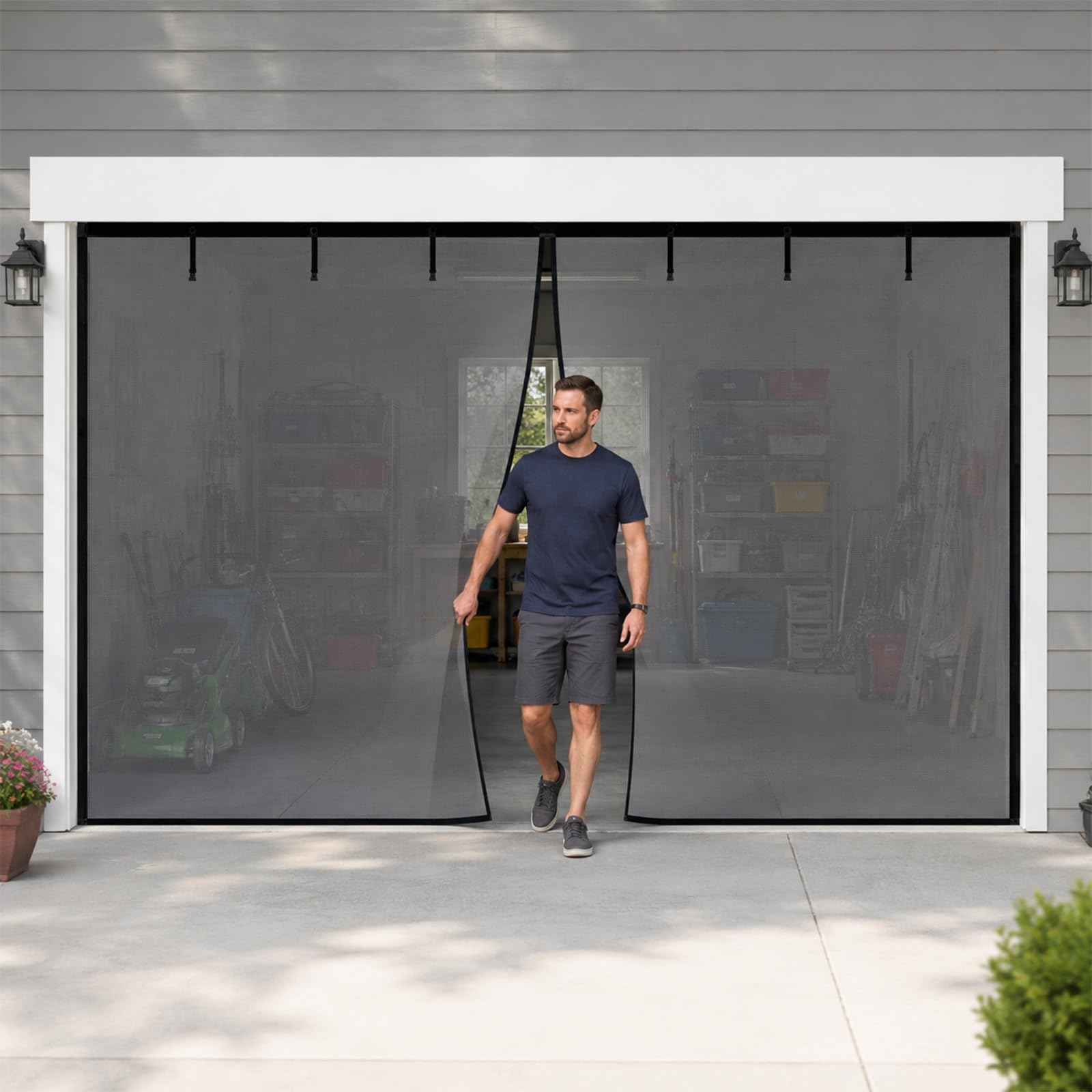 Moustiquaire pour porte de garage robuste en fibre de verre noire à fermeture aimantée automatique