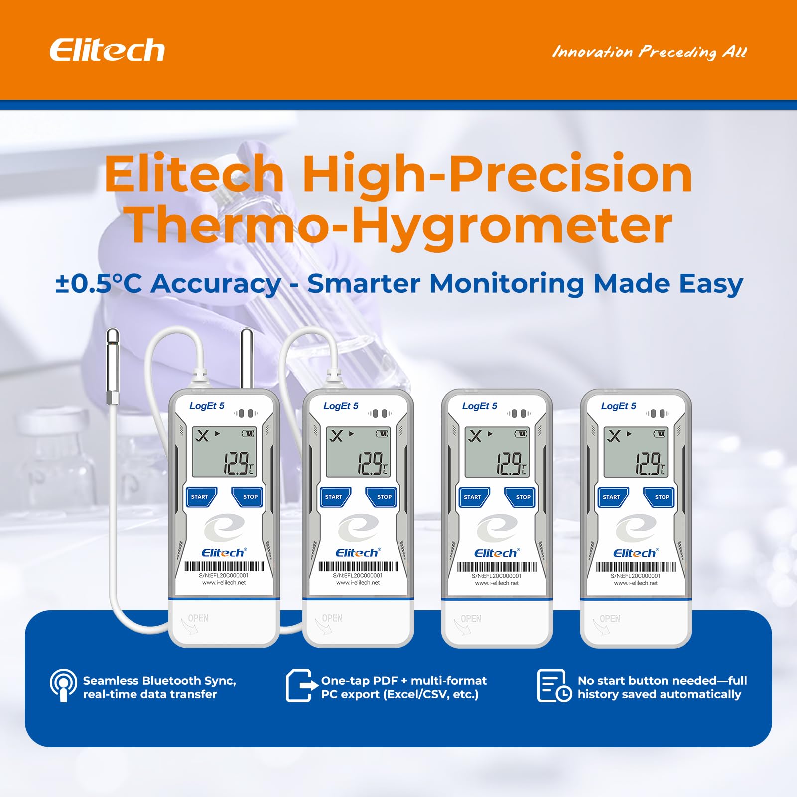 Elitech Bluetooth Temperatur Datenlogger, USB Feuchtigkeitslogger -30°C bis 70°C, Auto-PDF/CSV-Berichte, Windows/macOS
