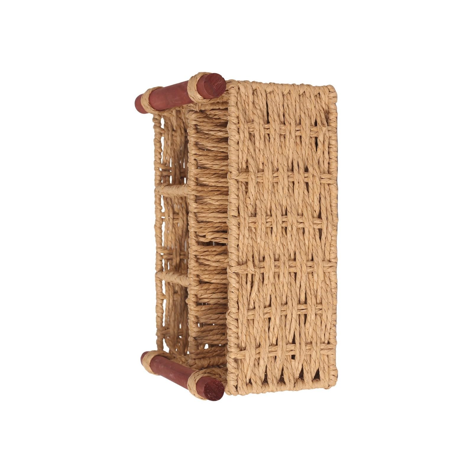 Tfaoys Khaki Large Handwoven Paper Storage Basket Desk Organizer With Wooden Handle For Home Organization And Decoration Interlaced Storage Basket Practical Large Capacity Bin Woven Paper Container