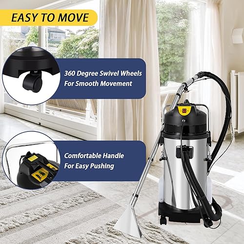 Miniatura 4 de Máquina de limpieza de alfombras, 40L11gal Máquina limpiadora de tapicería comercial con cabezal largo de vacío planopolvoagua y cepillo redondo,