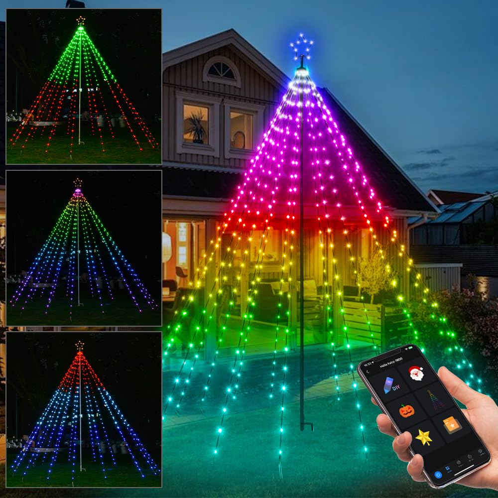 Photo 1 of 10ft Smart Outdoor Christmas Tree Lights,App&Remote Control Iron Pole Waterfall String Lights,DIY RGB Color Changing,Music Sync,Timer,Waterproof Star Tree Lights for Yard,Party,Holiday,Xmas Decor