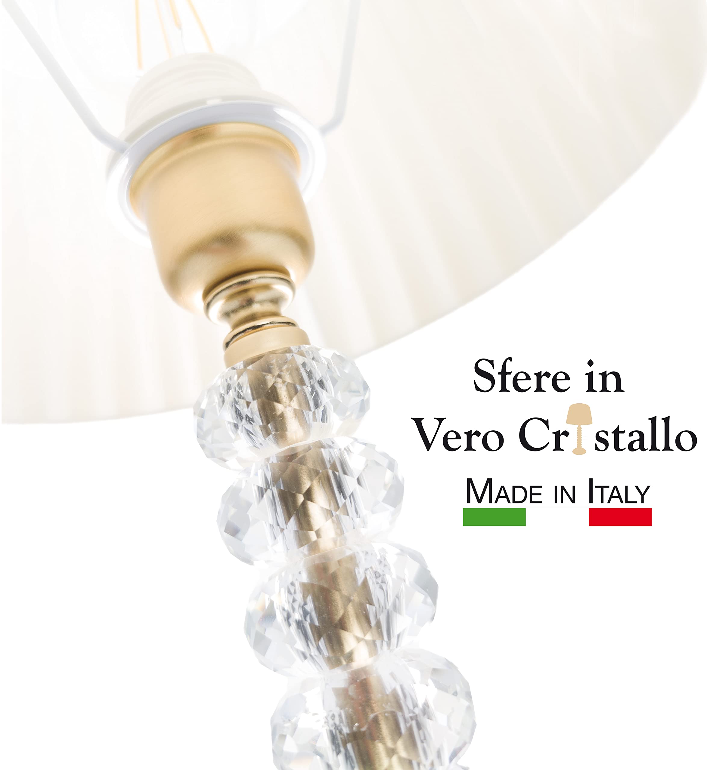 Vittoria: Lampada da tavolo elegante in vero Cristallo con rifiniture in Cromo Lucido e Oro Satinato e paralume fatto a mano Avorio | Lampadina inclusa